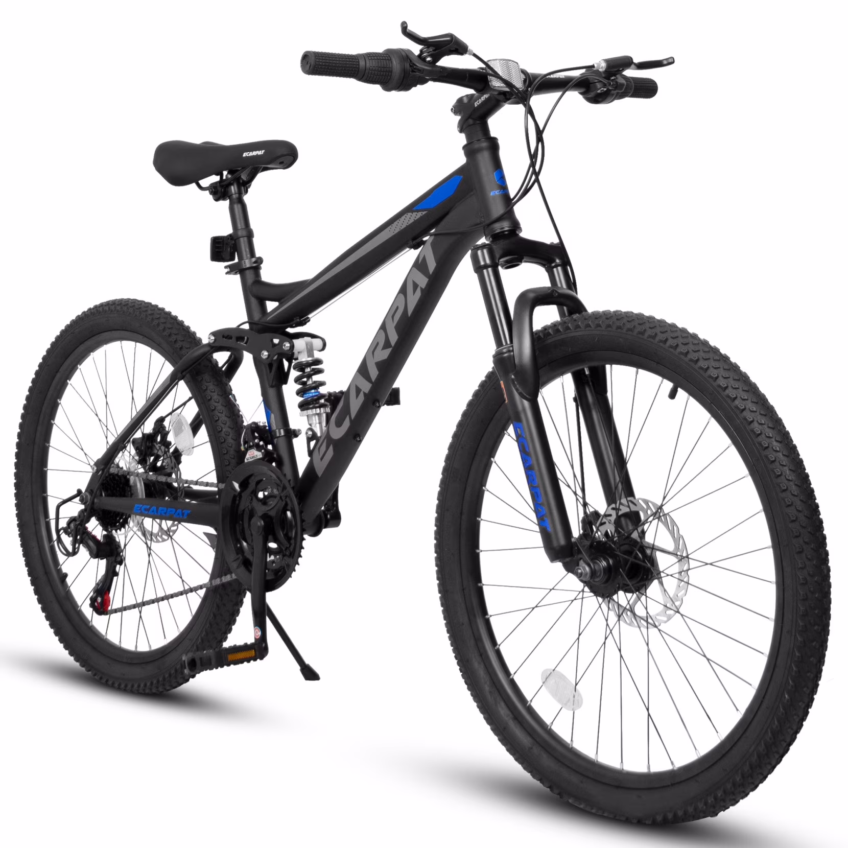 Mountain Bike, High Carbon Steel Bike with 24 Inch Wheels and 21-Speed Full Suspension, Commuter City Bike with Disc Brakes and Grip Shifter, Front Fork Rear Shock Absorber Bicycles, Black(Black)