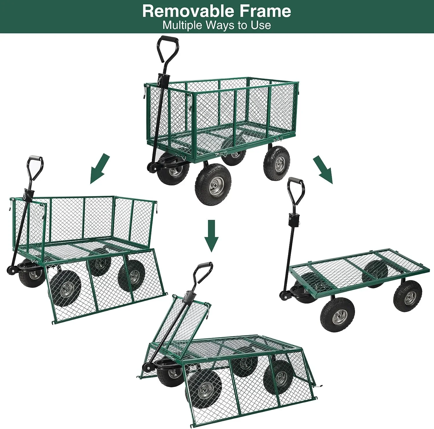 REDCAMP 900lb Capacity Garden Cart Outdoor Utility Wagon Cart with Wheels Metal Heavy Duty Yard Wagon Flatbed w/ Pocket, Green