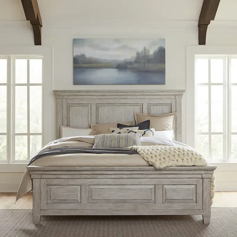 Farmhouse Panel Bed with Wooden Frame and Slat Support
