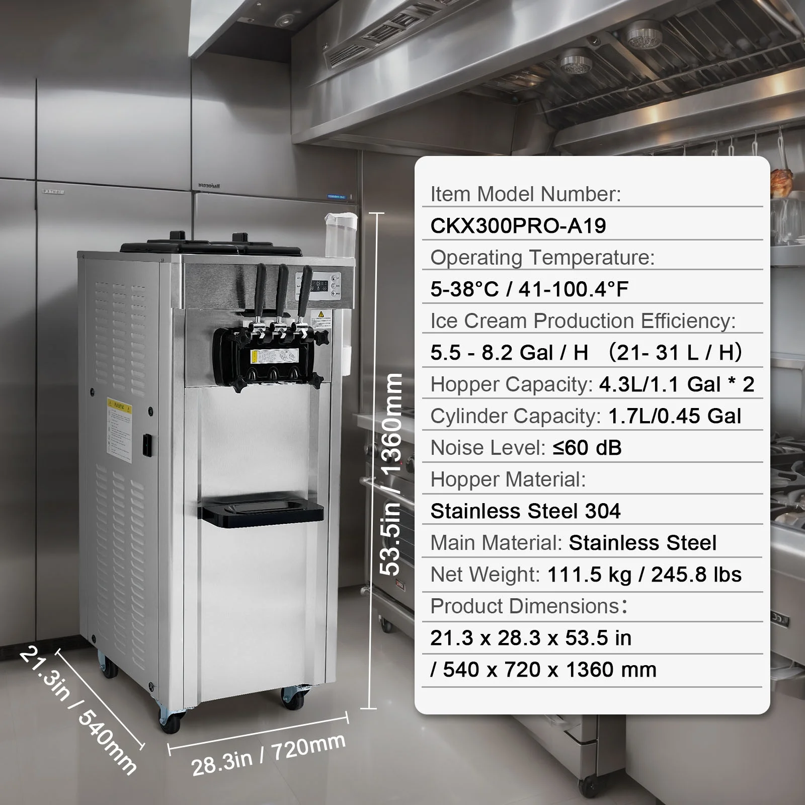 Commercial Soft Ice Cream Machine 21-31 L/H Output 3-Flavor LED Display Auto Clean 4.3L/1.1GAL Hopper,1.7L/0.45gal Cylinder - Image 8
