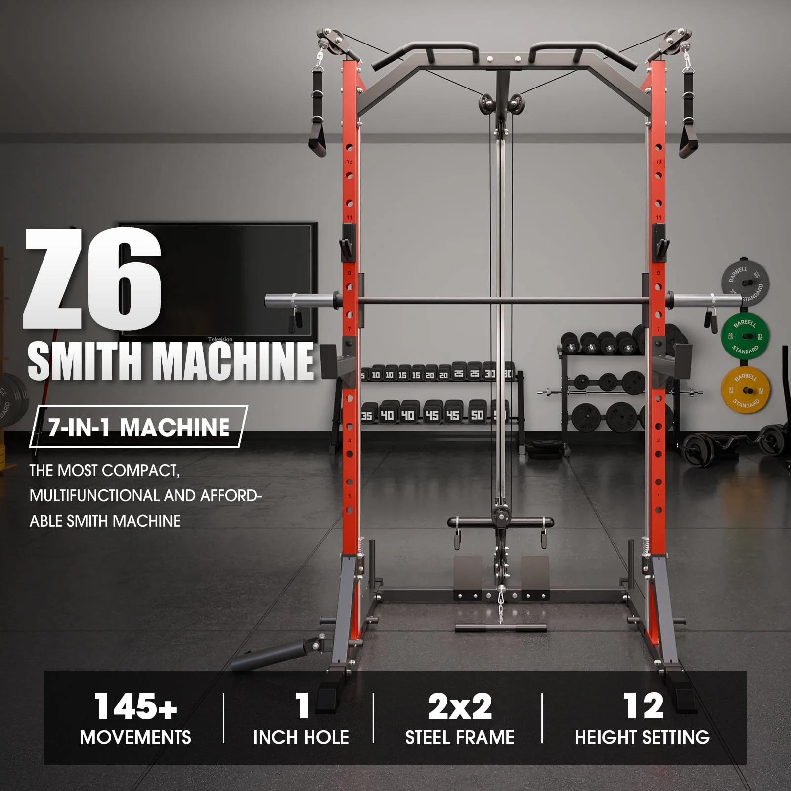 Compact 7-IN-1 Smith Machine With Cable Crossover System, 1000LBS Multi-Functional Squat Rack, Workout Station with Weight Bar, Bend Peg and Other Functional Attachments(Smith Machine) - Image 8