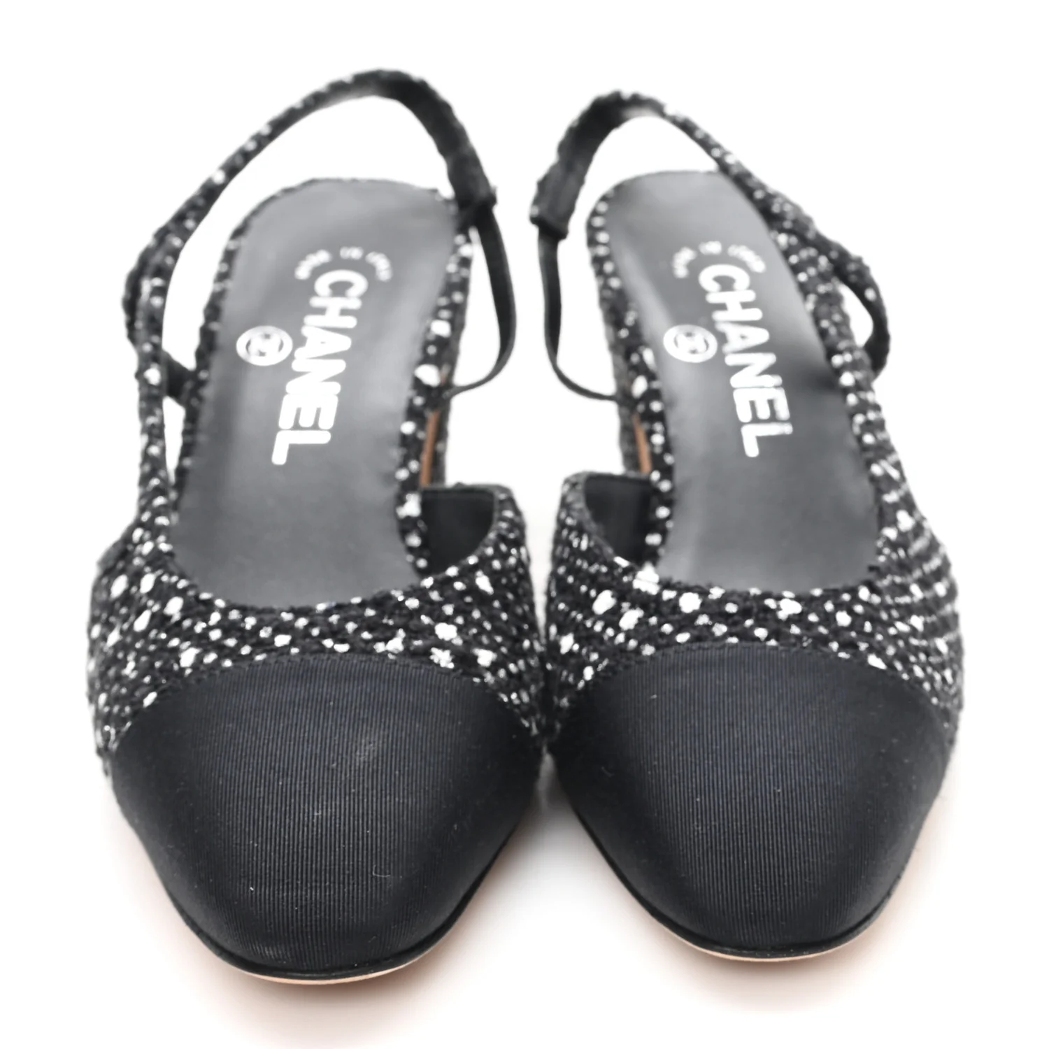 Tweed Polkadot Grosgrain Cap Toe CC Slingback Pumps 36 Black White Silver