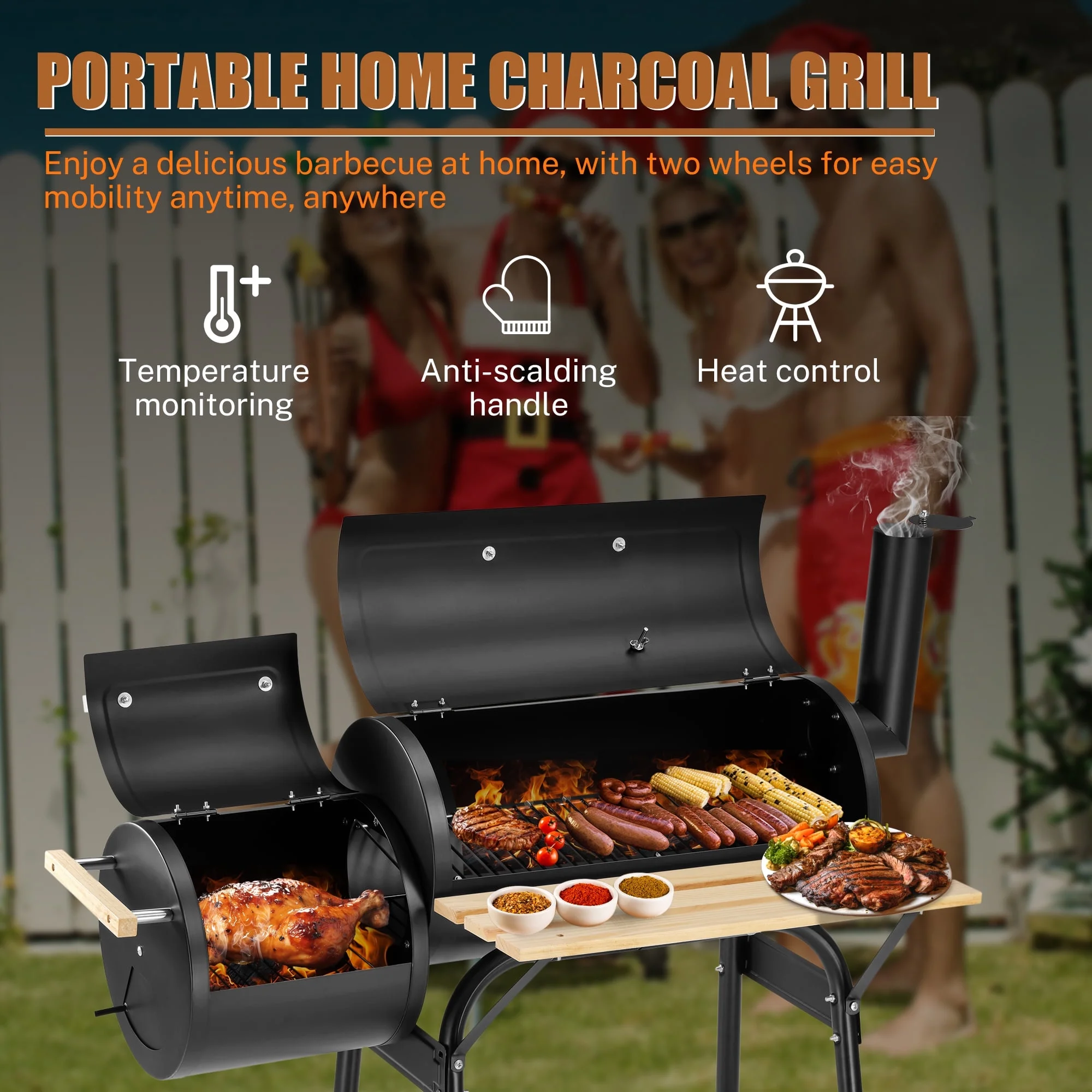 44" Portable Charcoal Grill, with Offset Smoker, Wood Shelf, Thermometer, Wheels, Charcoal BBQ Grill for Outdoor Picnic, Patio, Backyard, Camping, JA1170(Black 01) - Image 8