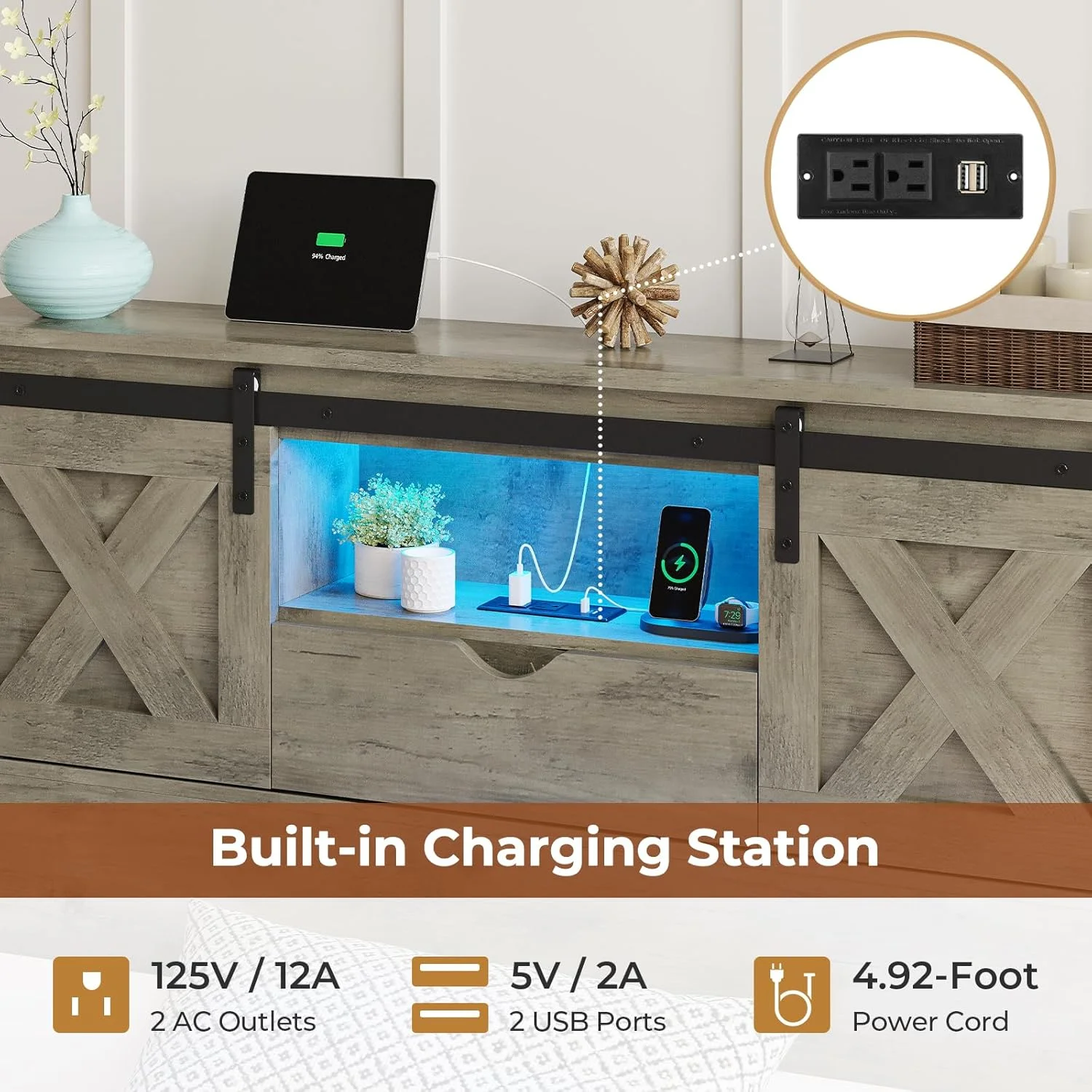 Twin XL Size Bed Frame with Headboard and Drawers, Farmhouse Twin XL Platform Bed Frame with LED Lights and Charging Station, No Box Spring Needed,Gray(Twin-XL) - Image 3
