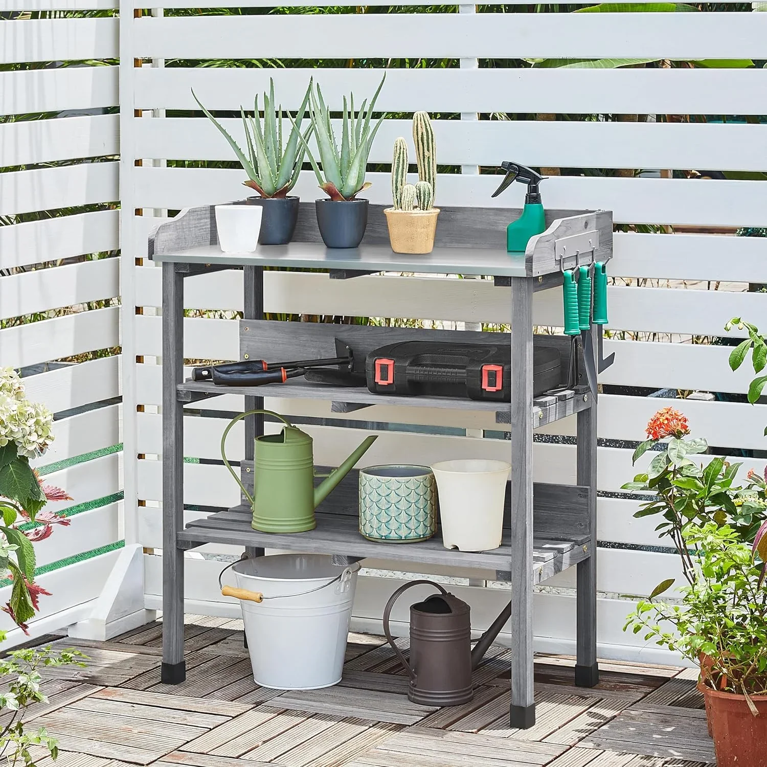 Garden Potting Table Horticulture Potting Bench w/Storage Shelf W/Metal Tabletop w/Hook 3 Shelves Workstation Work Benches Station, Gray