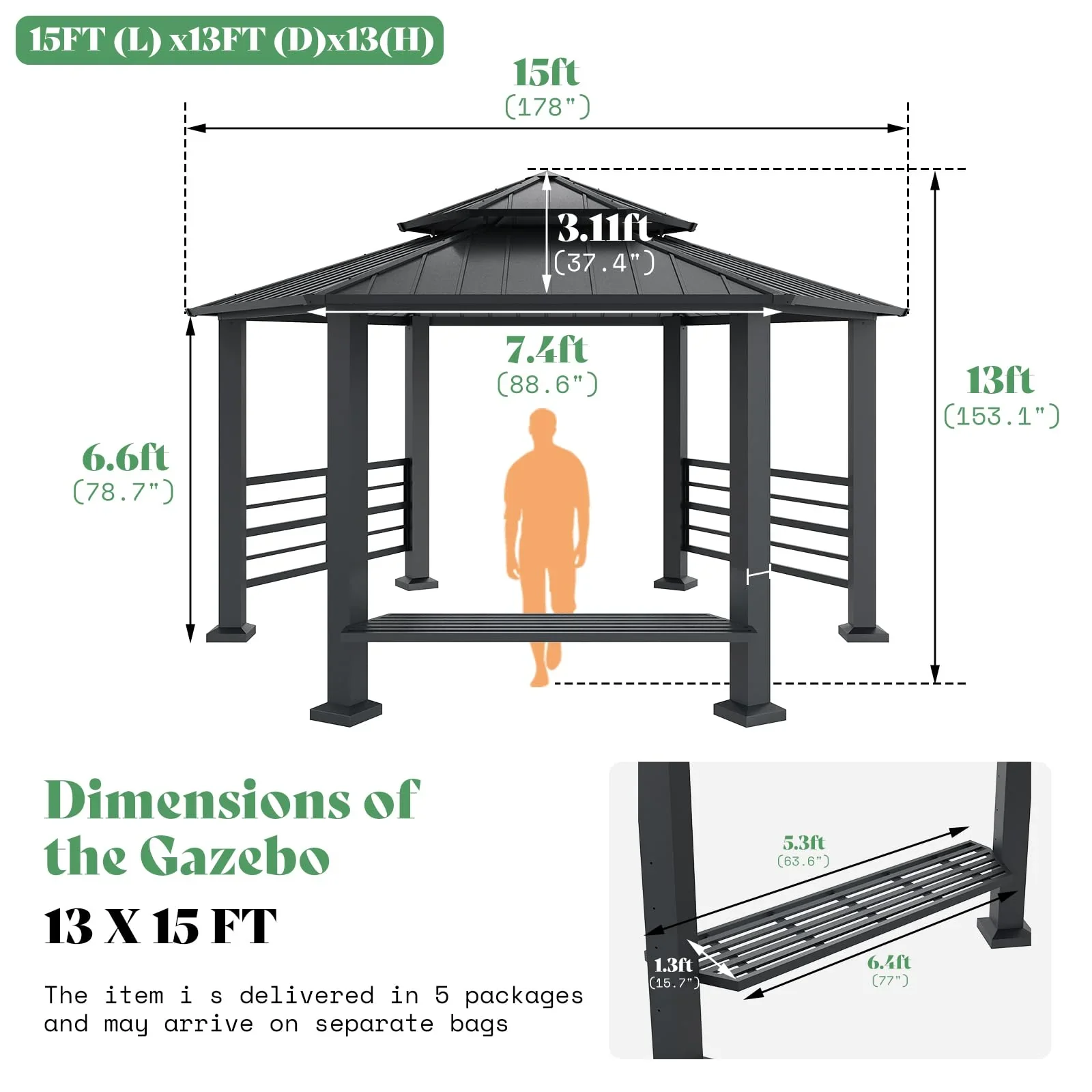 Jocisland Wood Gazebo 10'x12', Wind & Rain Resistant Design, Grill Gazebo for Garden, Backyard