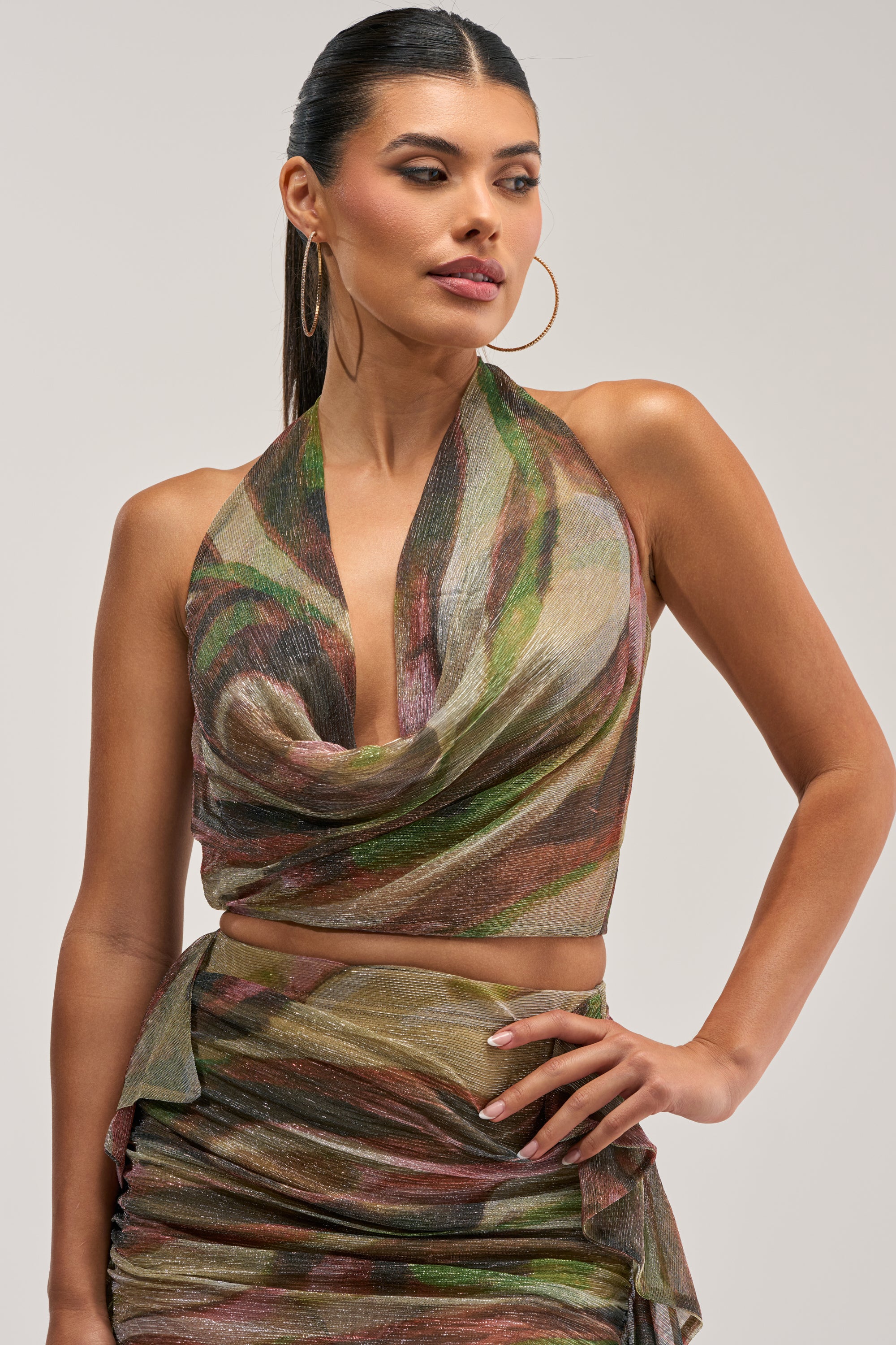 DROP IT LOW COWL NECK BLOUSE IN GREEN MULTI - Akira Store