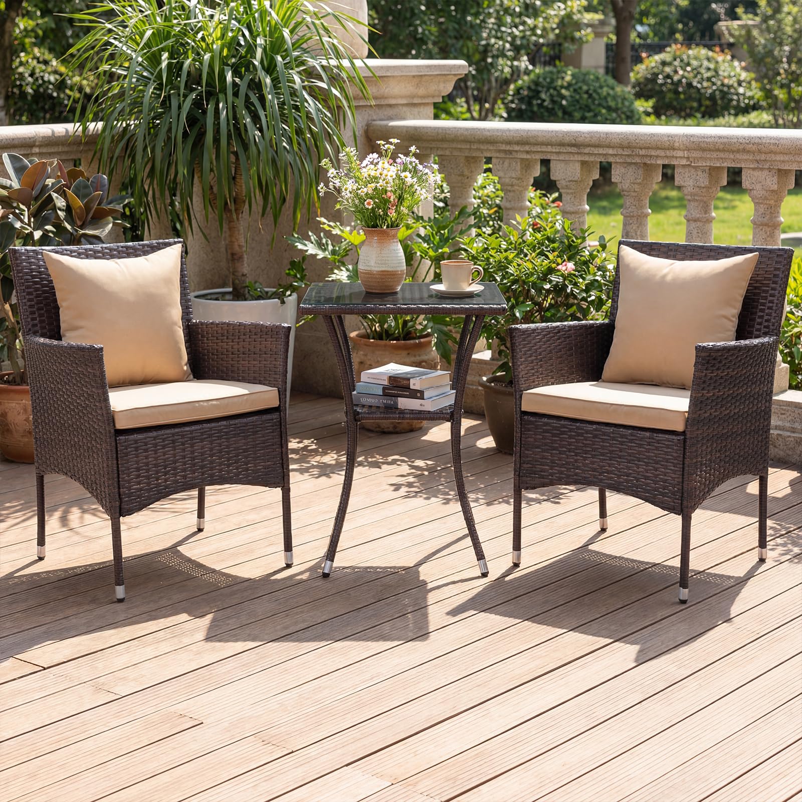 Tangkula 3 Pieces Patio Wicker Bistro Set | 2 Rattan Chairs w/ 2-Tier Tempered Glass Table