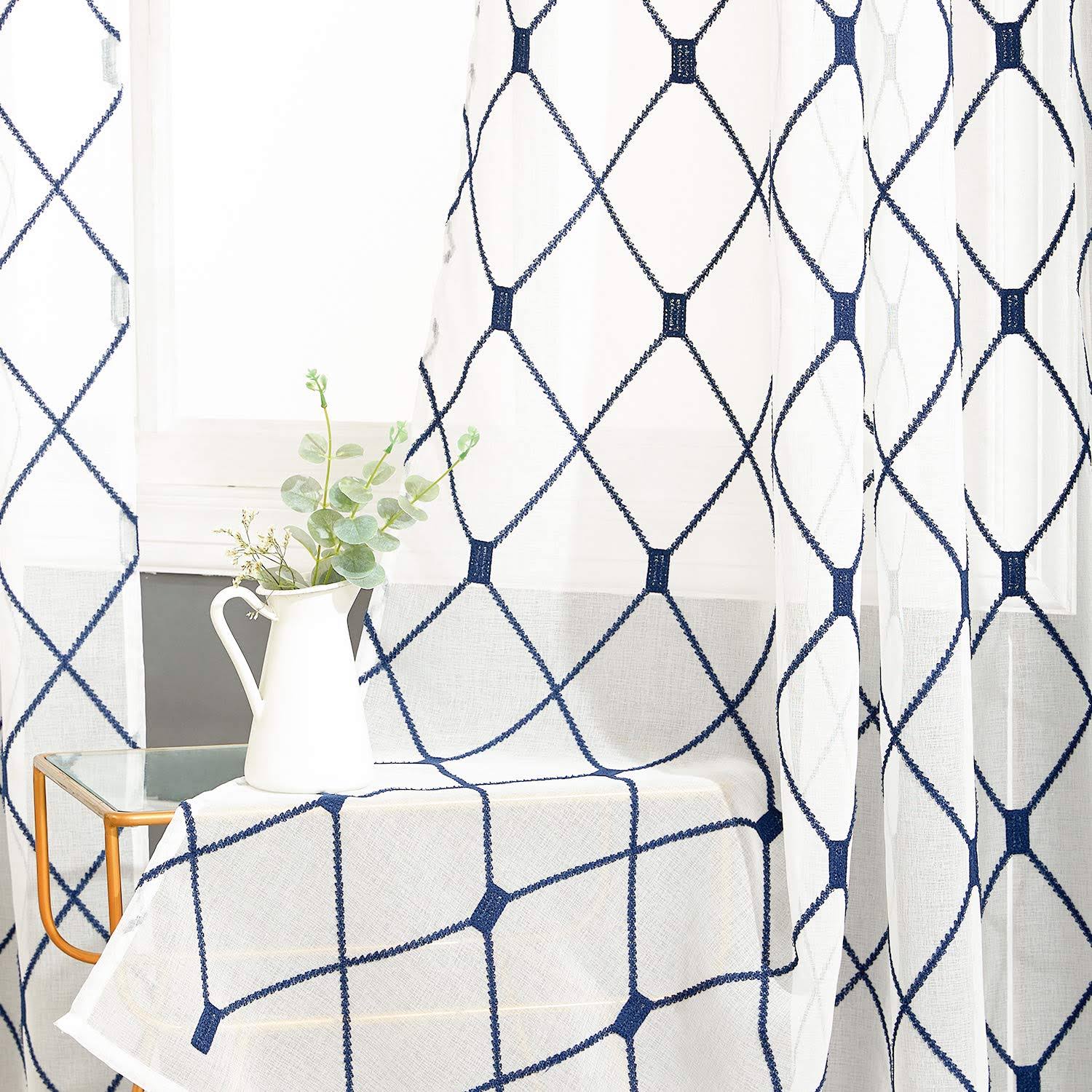 Top Finel White Sheer Curtains 63 inch Length Navy Blue Embroidered Diamond Grommet Window Curtains for Living Room Bedroom, 2 P