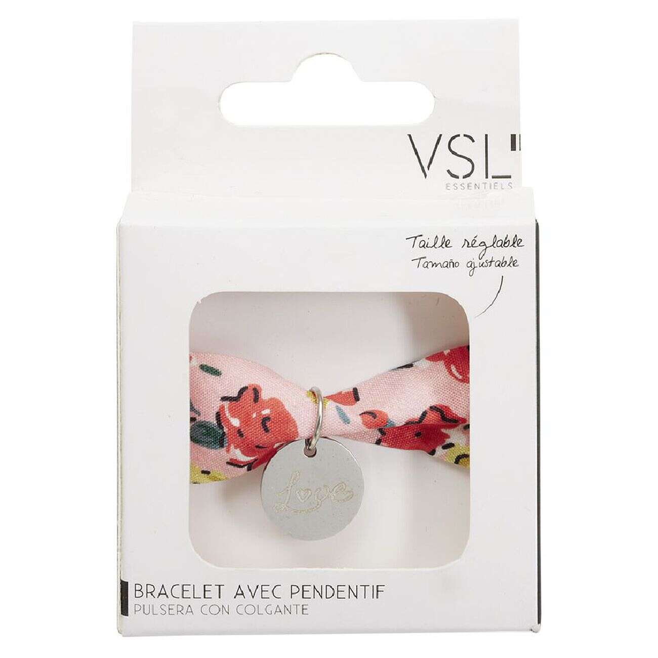 Bracelet ajustable en tissu motif floral avec pendentif Love L19cm