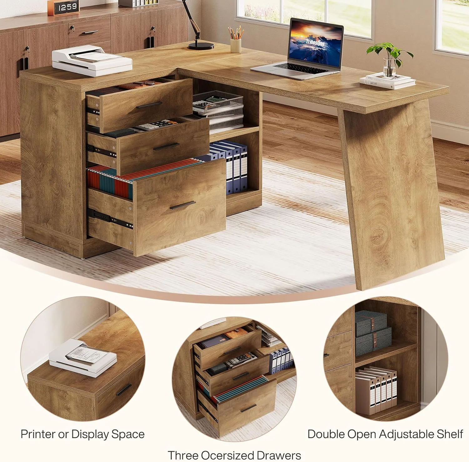 55-Inch L Shaped Computer Desk with 3 Drawers, Corner Home Office Desk with Storage Shelves(Brown) - Image 4