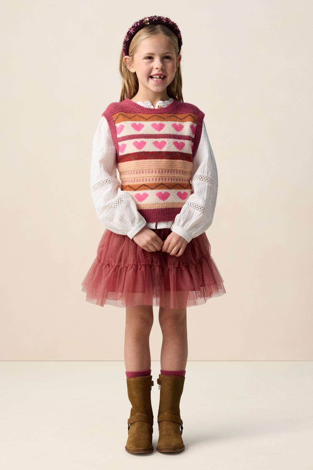 Roze jacquard spencer met hartjes