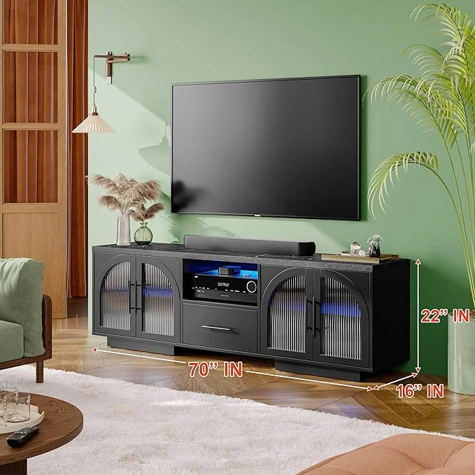 TV Stand for 75 inch TV, LED TV Stand for Living Room,70" Entertainment Center with Arched Glass Doors, Faux Marble Wood Finish Top, Adjustable Shelves, and LED Lighting, Black(Black) - Image 7