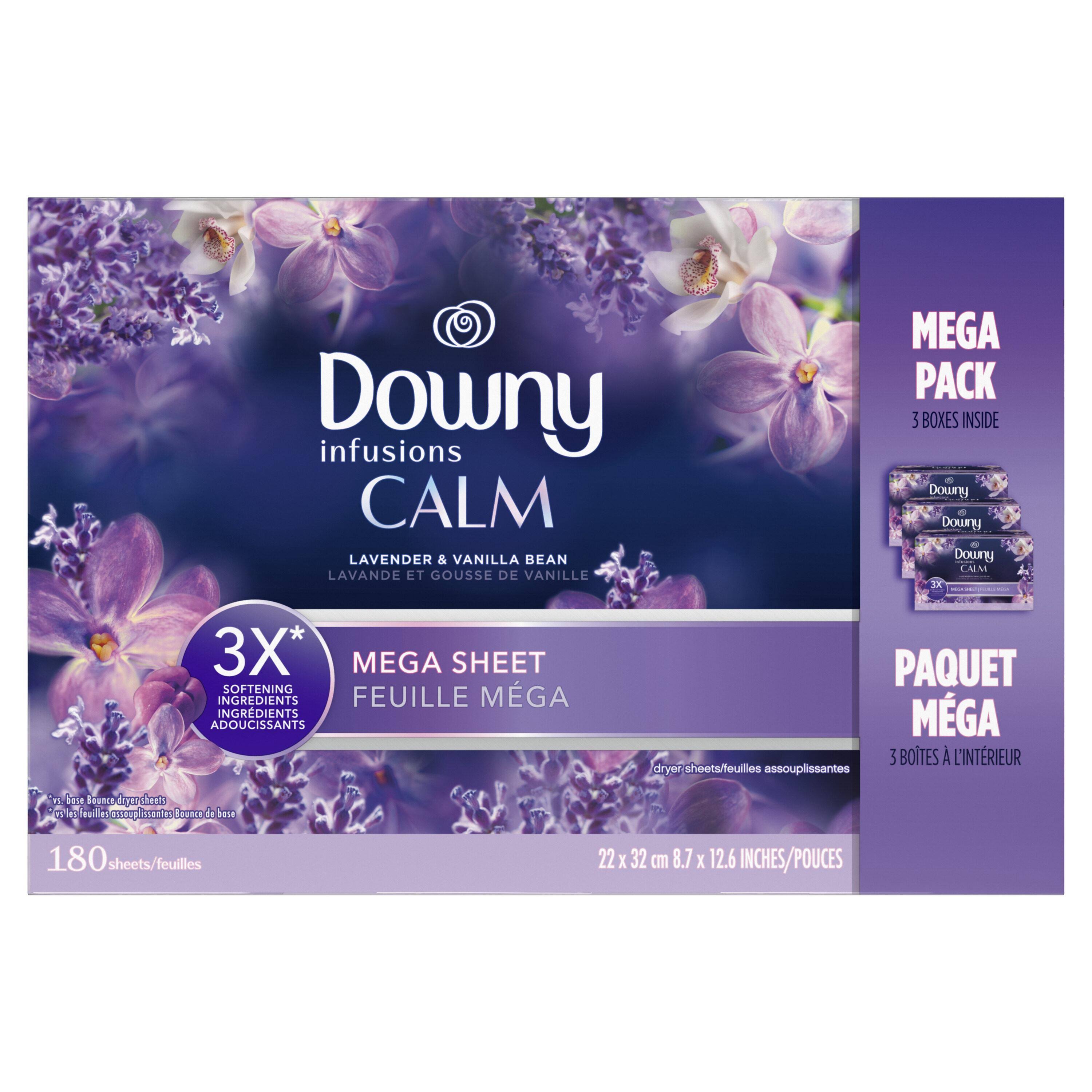 Downy Infusions Calm Mega Dryer Sheets, Lavender and Vanilla Bean, 180 ct