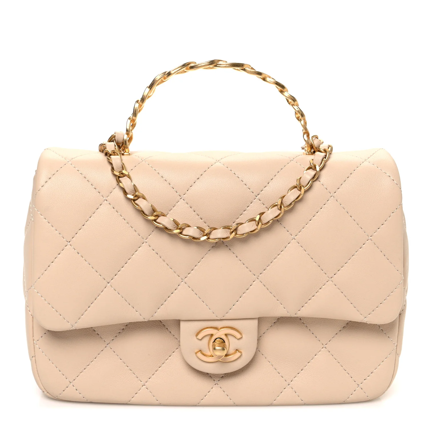Lambskin Quilted Metal Enamel Chain Top Handle Square Flap Beige