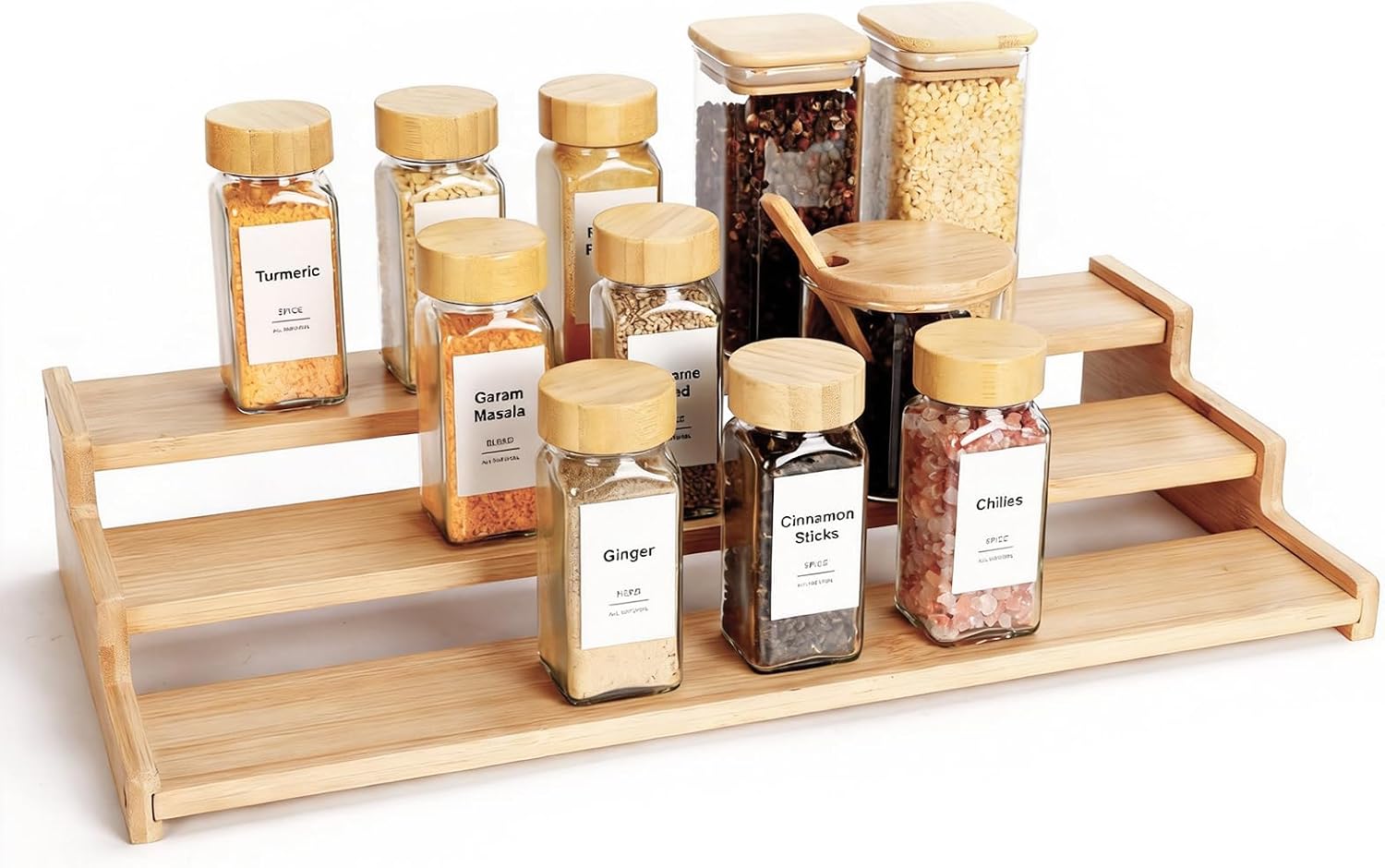 Spice Rack Organizer for Cabinet, 18in Bamboo Tiered Spice Rack, Used for Kitchen Countertops and Food Storage Room Organizer, Specially Designed for Jars and Spice Bottles (Bamboo, L)
