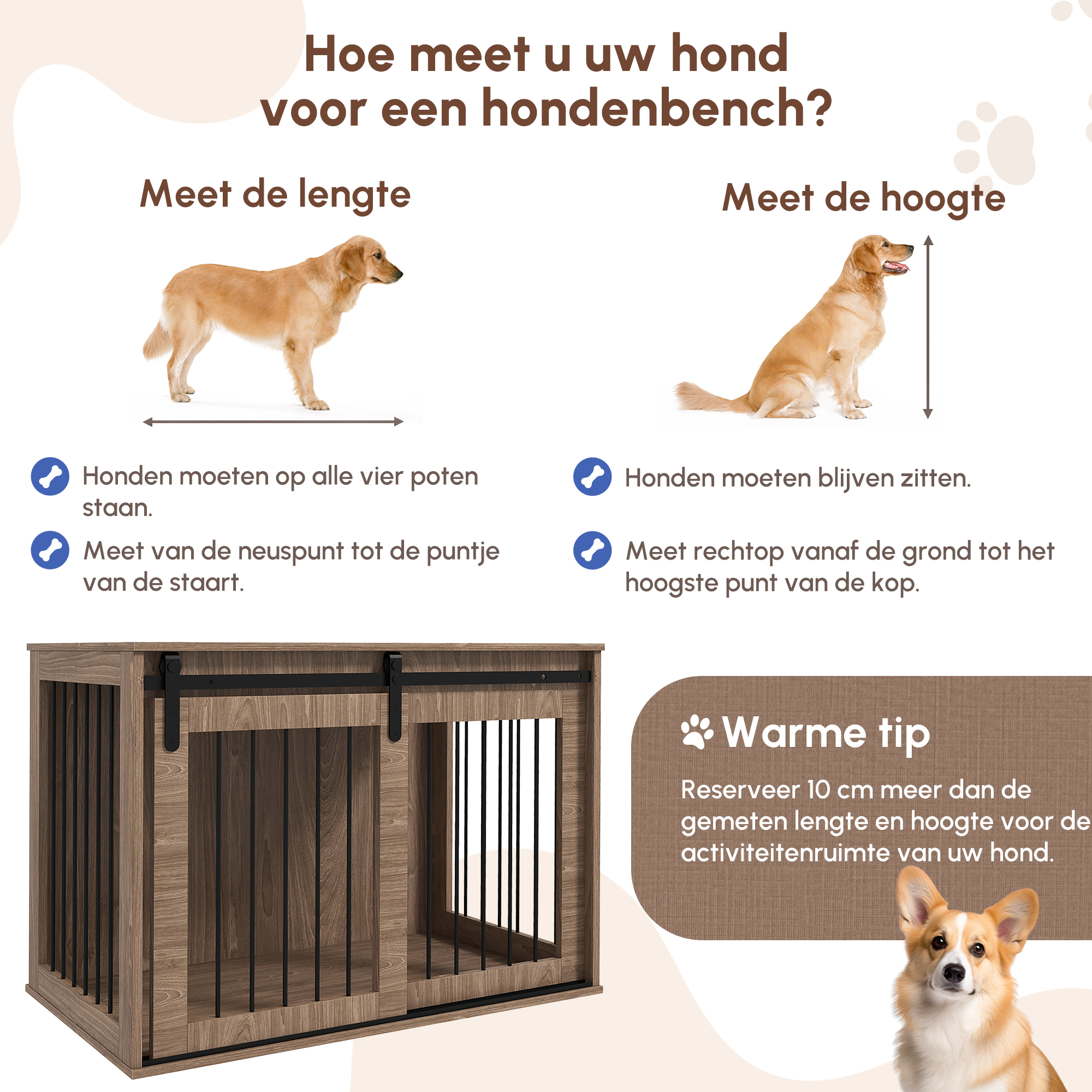 PawHut Hondenbench Hondenkooi, Afsluitbaar, Houtlook, Rustiek Ontwerp, 98 cm x 58 cm x 67 cm, Walnoot + Zwart