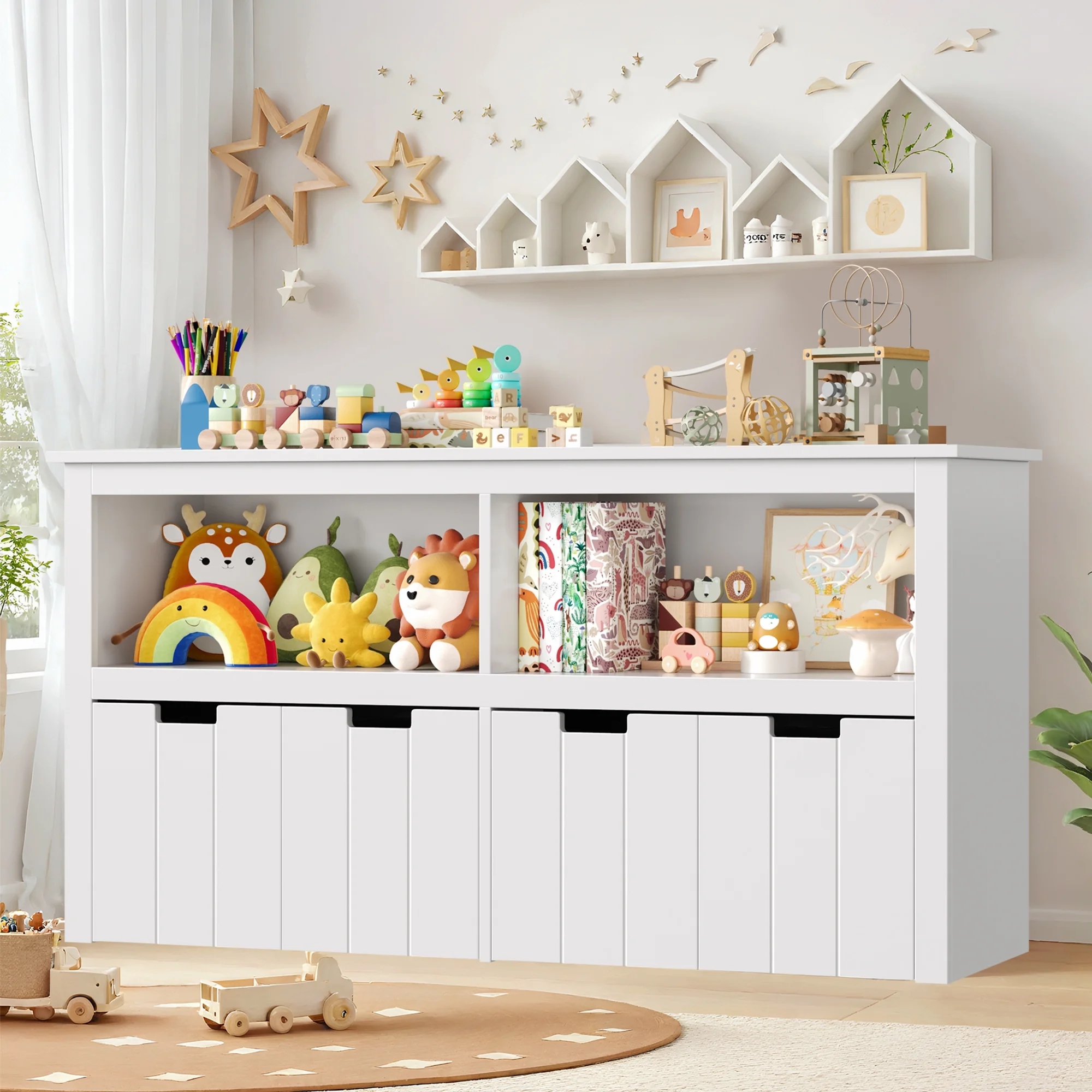 Kids Toy Storage with 4 Drawers, Cubes Storage Bin with Shelves and Wheels for Kids Living Room, White(White) - Image 8