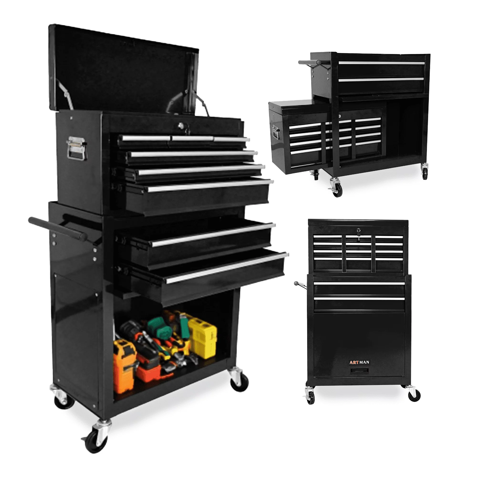 ARTMAN 2-IN-1  High Capacity 8-DrawerTool Box, Rolling Storage Tool Chest Cabinet with Wheels and Drawers for Garage Workshop Warehouse