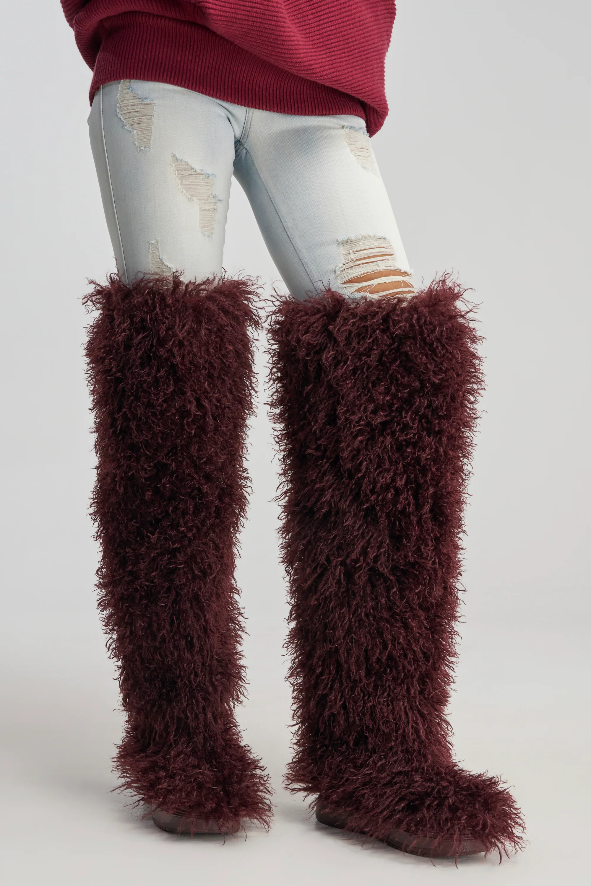 AZALEA WANG TEMPLETON BURGUNDY FAUX POODLE FUR OVER THE KNEE BOOT - Akira Store