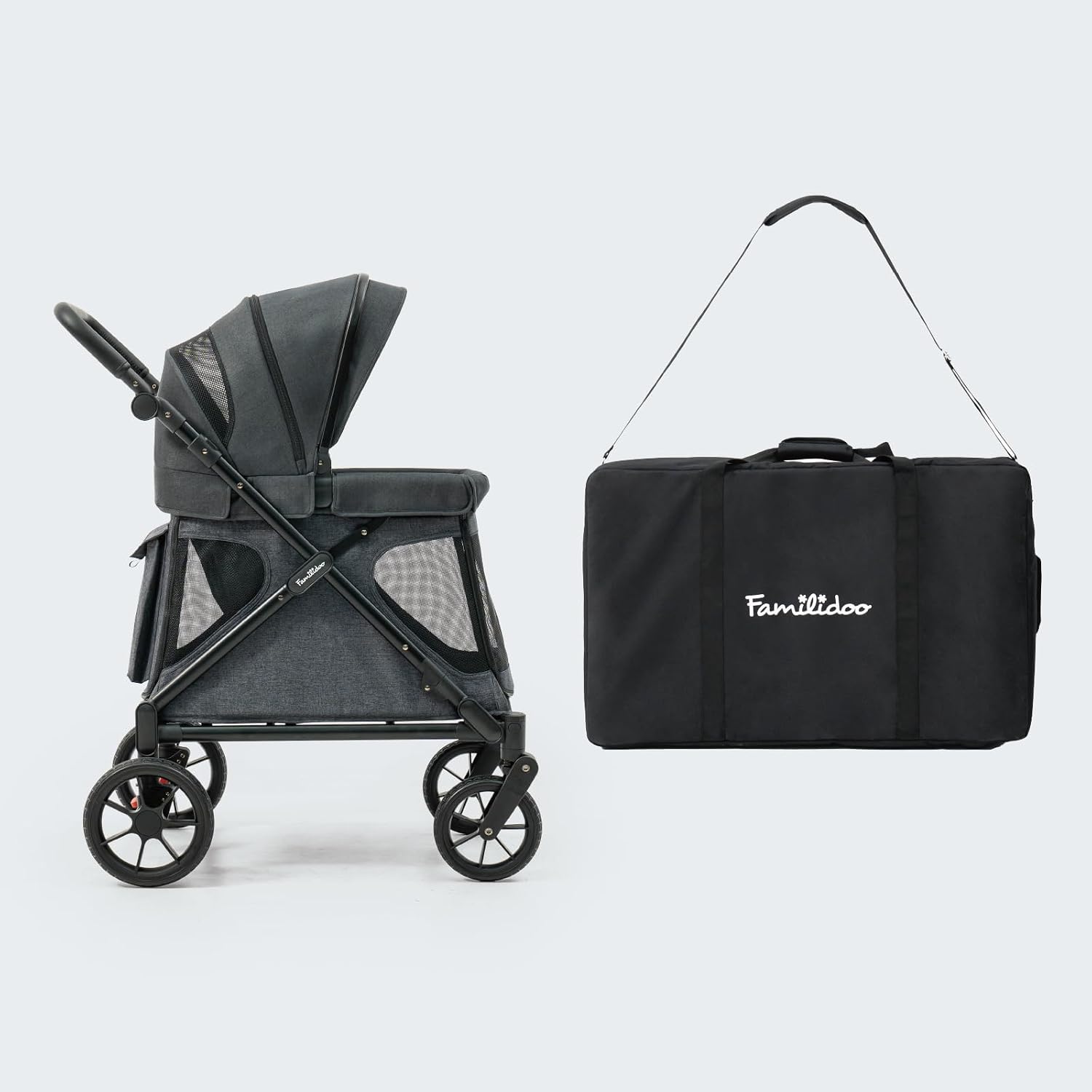 Familidoo Q1 2.0 Multi-Use Kids Wagon Stroller – Foldable, Lightweight & All-Terrain for Kids & Pets – Magnetic Safety Harness, Rain Cover and Travel Bag – Up to 132 lbs (Charcoal Gray)