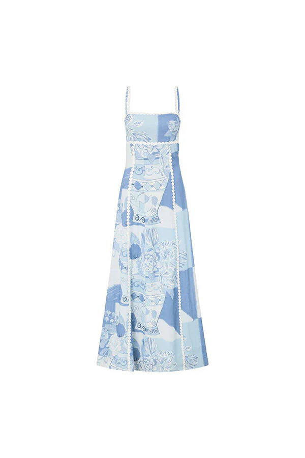 Sophie Paris | Robe Maxi à Nouer au Dos avec Galon Ric Rac et Imprimé Unique