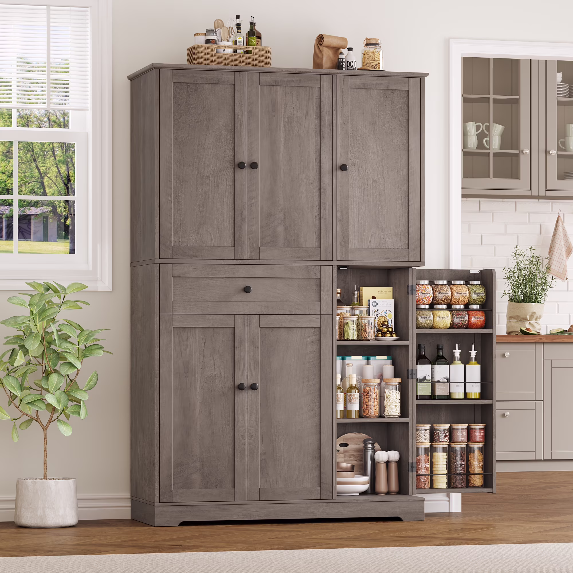 Kitchen Pantry Storage Cabinet, 68" Food Pantry Cabinet with Drawer and Door Shelf, 6 Door Freestanding Cupboard Buffet for Dining Room, White(White) - Image 5