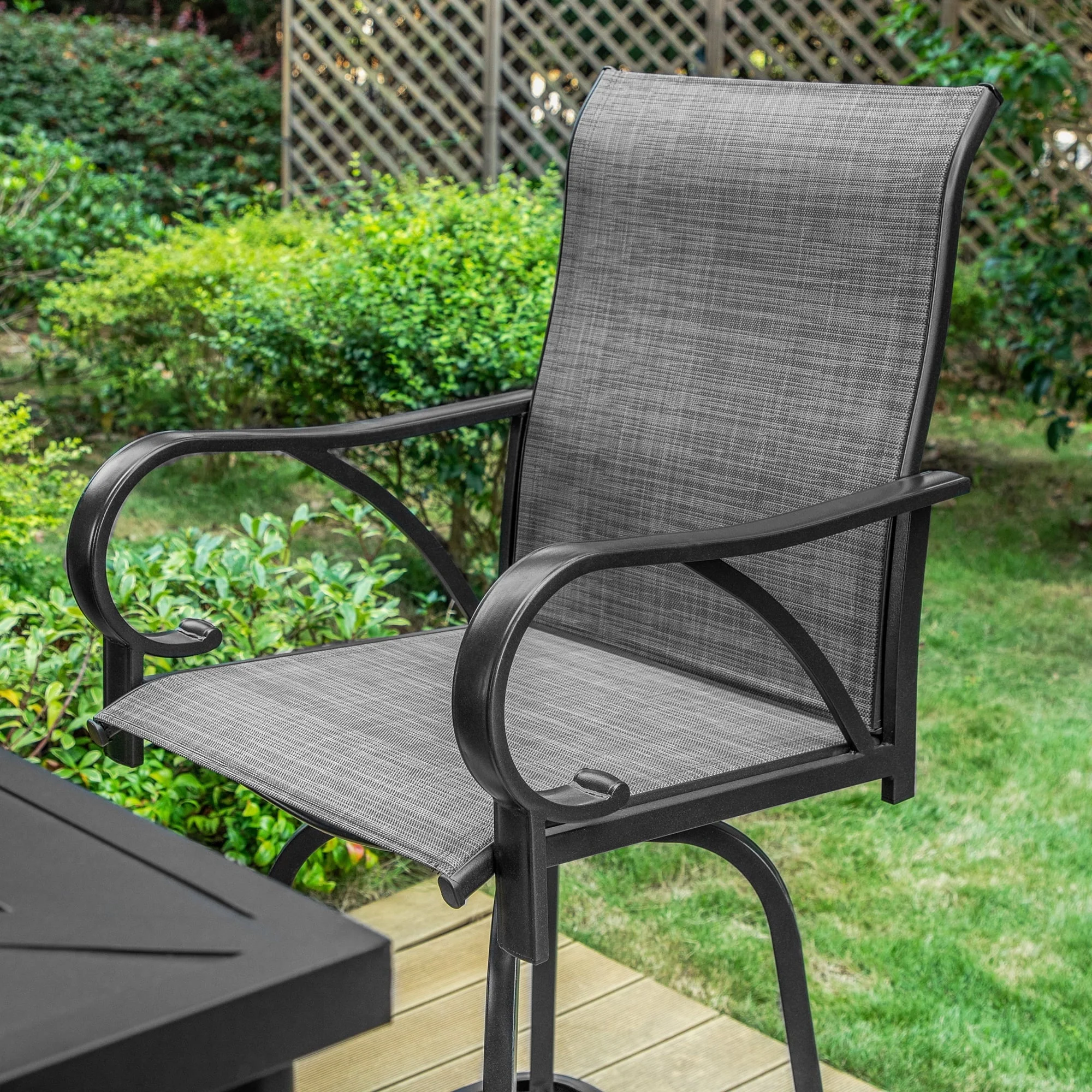 5-Piece Outdoor Patio Swivel Bar Stool Dining Set with 4 High-back Textilene Chairs with Armrest1 Bistro Bar Table,BlackGrey - Image 5