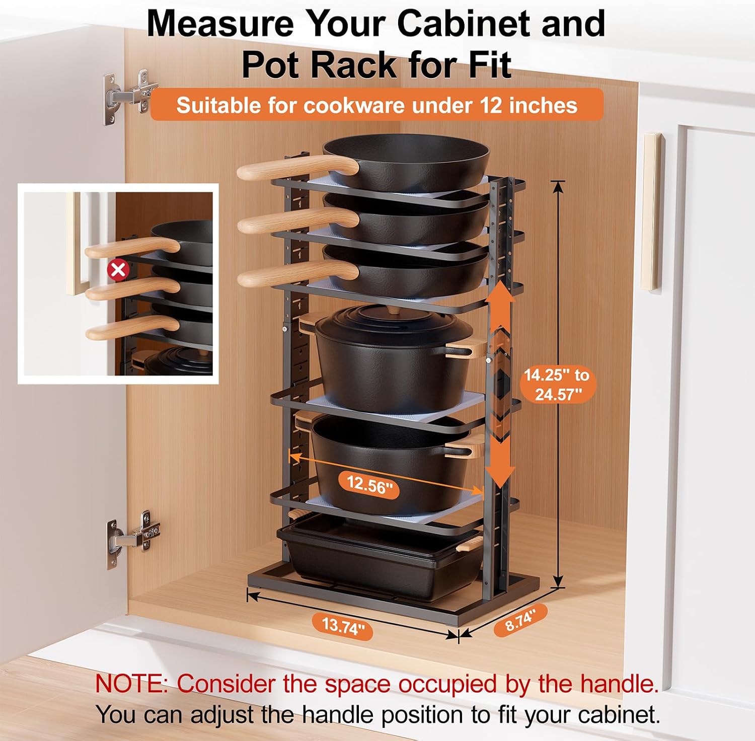 LAMU Pots and Pans Organizer for Under Cabinet, 6-Tier Heavy Duty Pan Pot Organizers inside Cabinet Adjustable 14 to 24.57