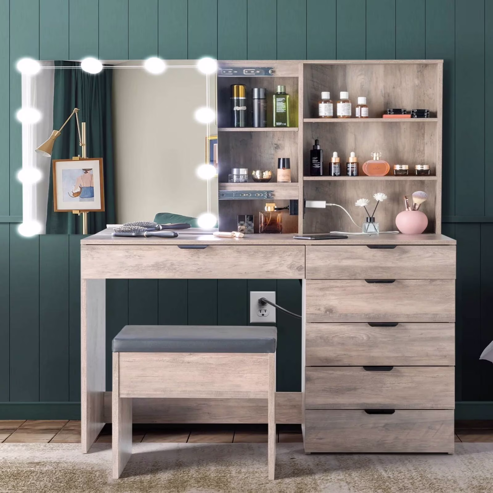 Vanity Set with 3 Color Lighted Mirror Charging Station, Makeup Table with 3 Storage Shelves Drawers, Dressing Table Makeup Desk with Stool,Retro Gray(Type1) - Image 5