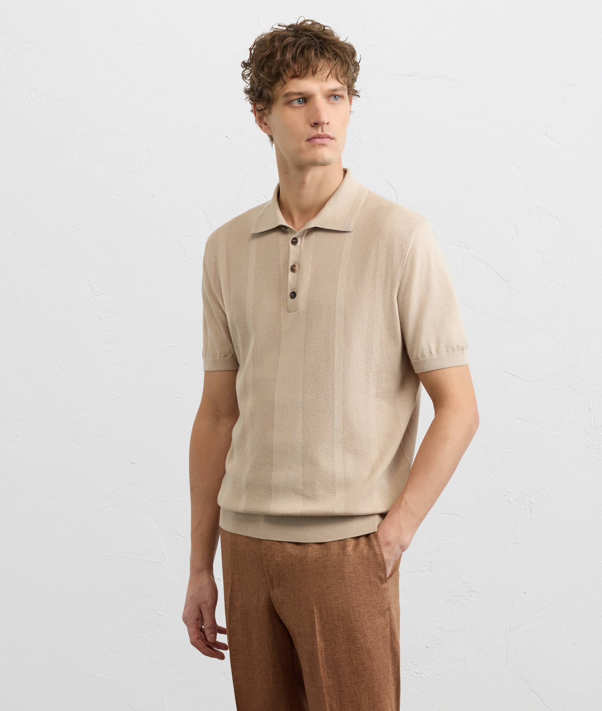 LIGHT BROWN COTTON SHORT SLEEVED POLO SHIRT WITH RIBBED TRIM