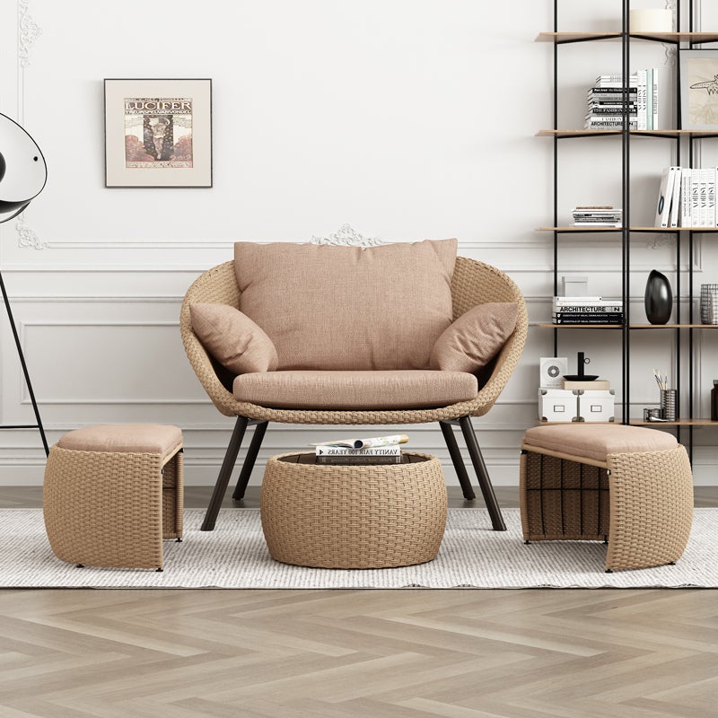 fauteuil en rotin pour terrasse, balcon, jardin, salon, chambre d'hôtes, modèle de chambre, petit canapé d'intérieur, ensemble quatre pièces