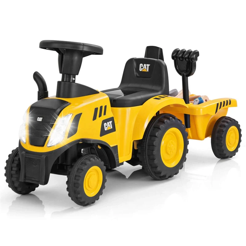 Kids Ride on Tractor 2-in-1 Licensed Caterpillar Foot-to-Floor Toy Construction Vehicle w/ Detachable Trailer, Shovel, Rake & Lights, Toddler Push Car