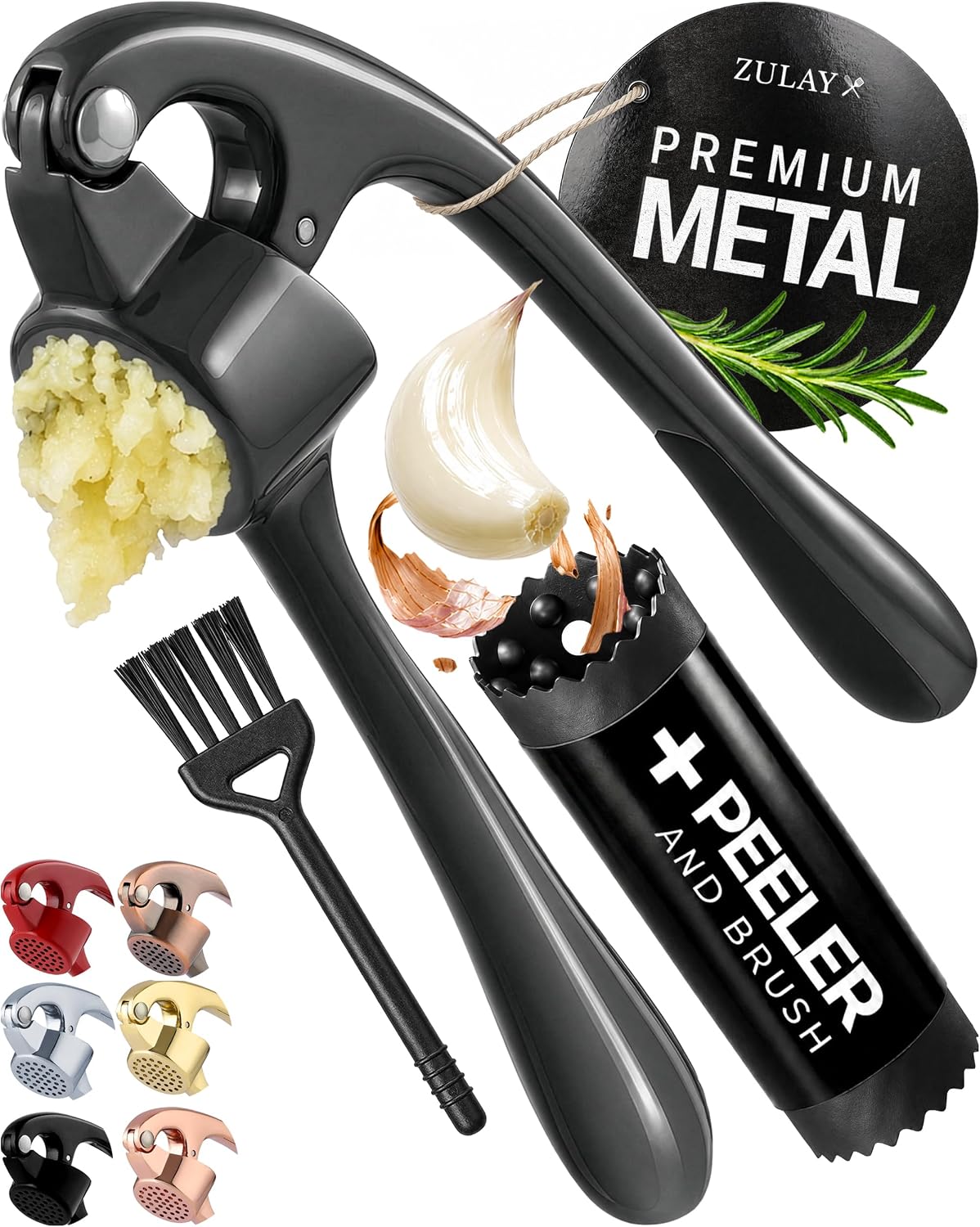 Zulay Kitchen Premium Garlic Press Set - Rust Proof Professional Garlic Mincer Tool - Easy-Squeeze, Easy-Clean with Soft, Ergonomic Handle - Silicone Garlic Peeler & Brush (Silver)