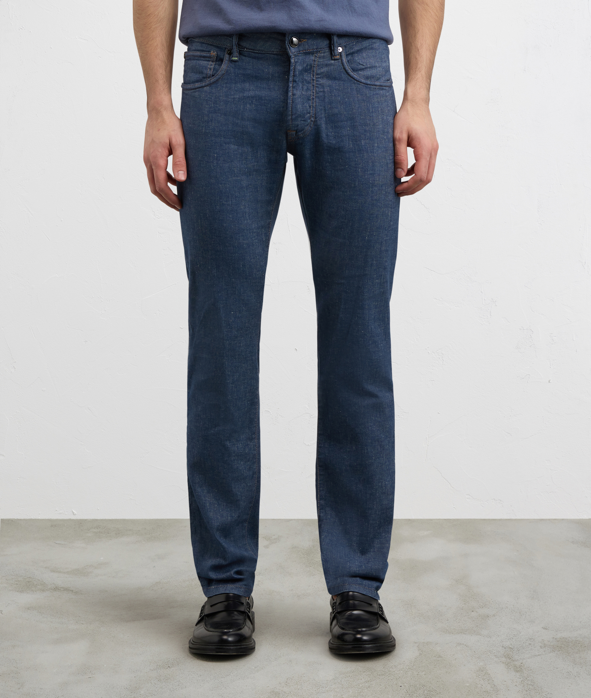 BLUE COTTON LINEN AND ELASTANE DENIM WITH LEATHER LOGO EMBOSSED ON BACK