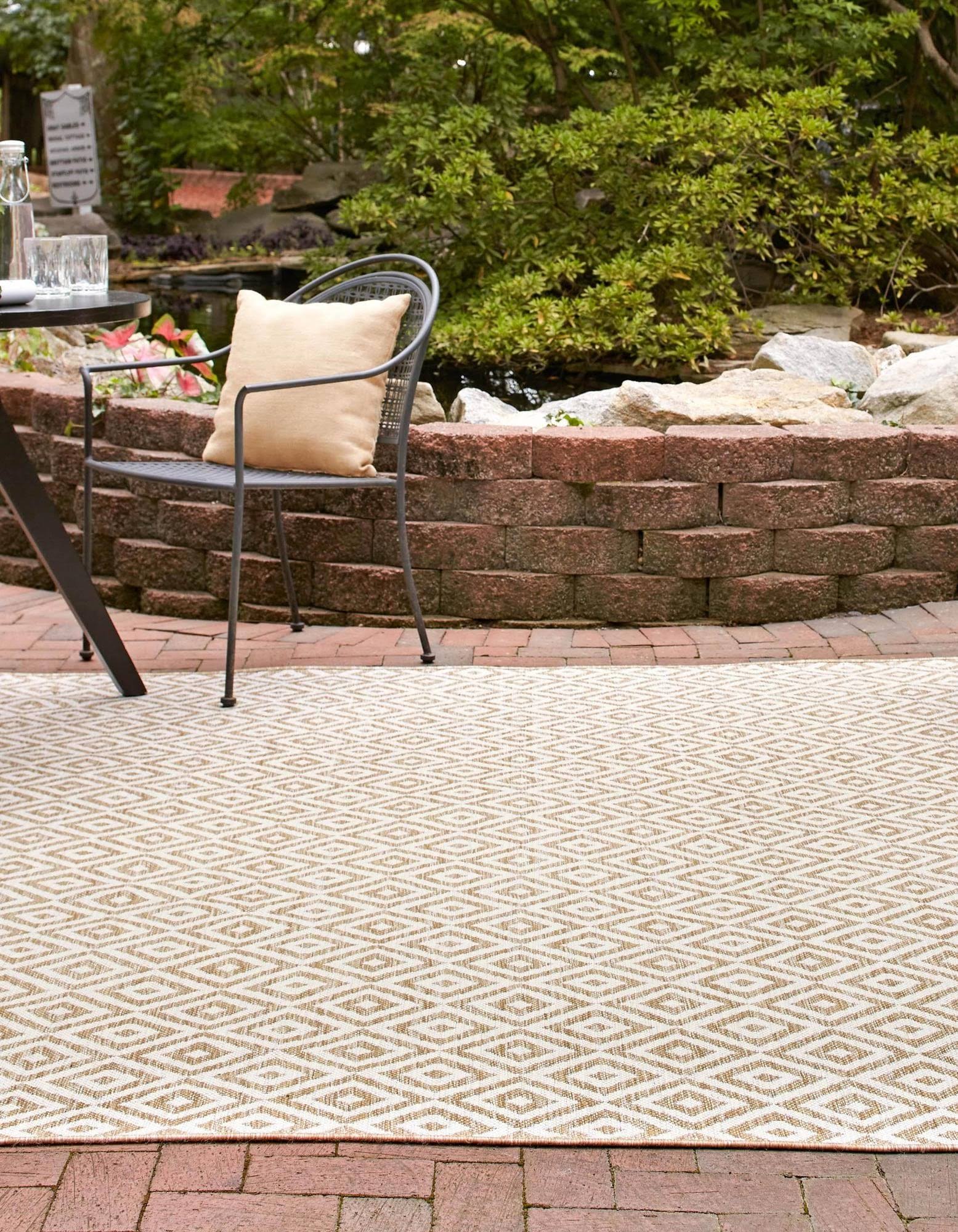 Jill Zarin Outdoor 8 ft Square Beige Bohemian, Geometric Area Rug Indoor Outdoor Rug