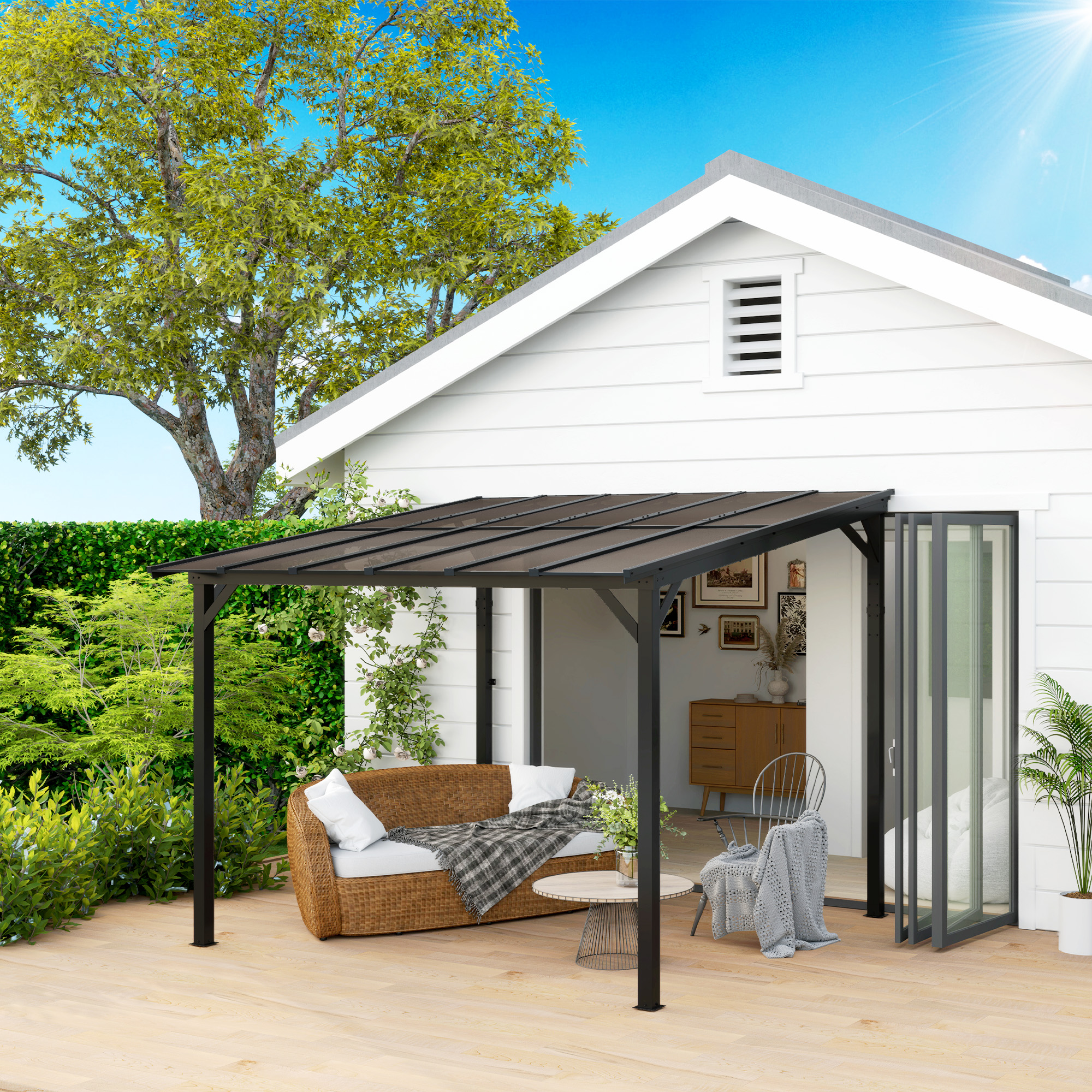 Outsunny 3 x 3 m Metalen Pergola, Tuinpergola met Waterdicht Dak, Vrijstaand, Windbestendig, UV-bestendig, Donkergrijs