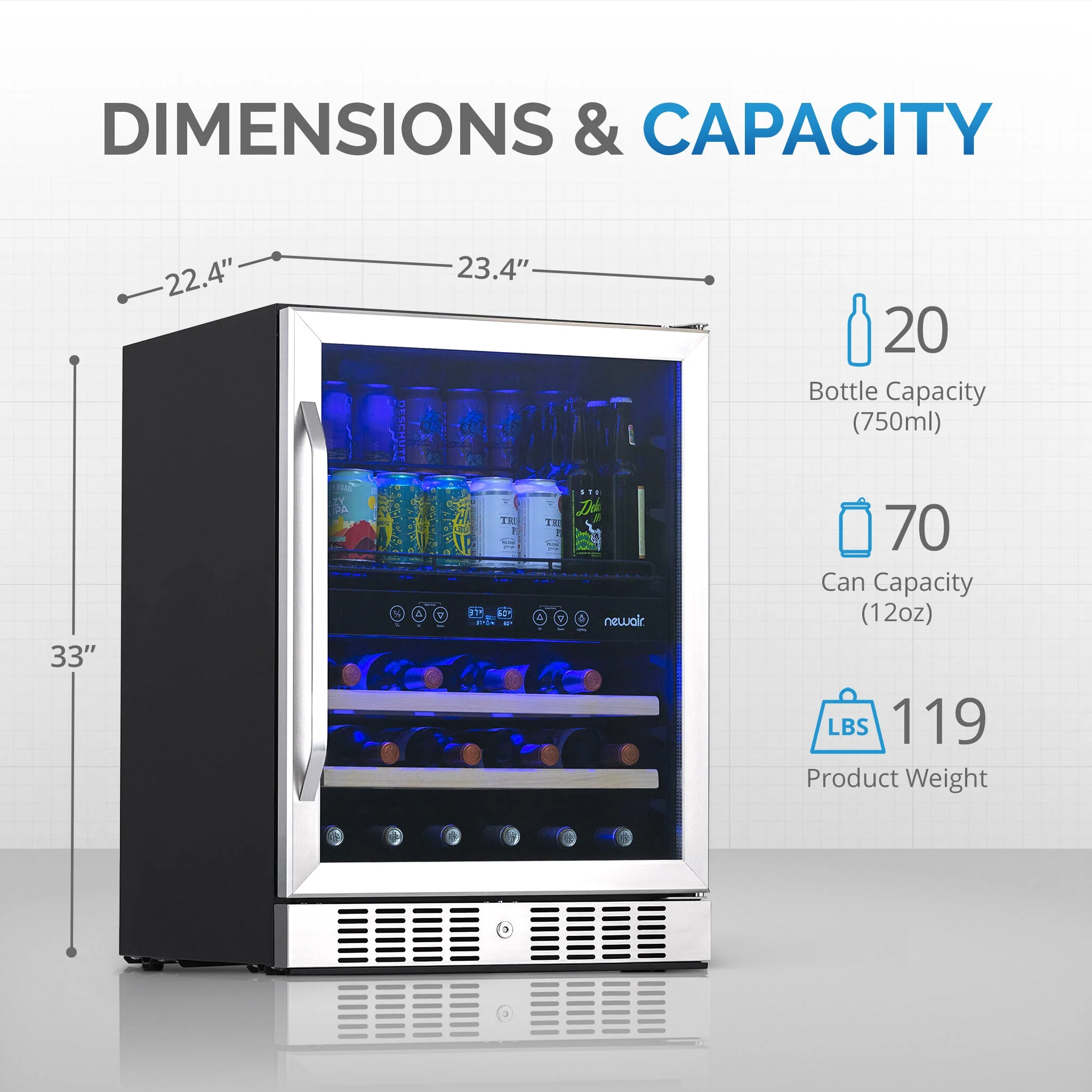 Newair 70-Can, 20-Bottle Built-in Dual Zone Beverage Fridge - 24