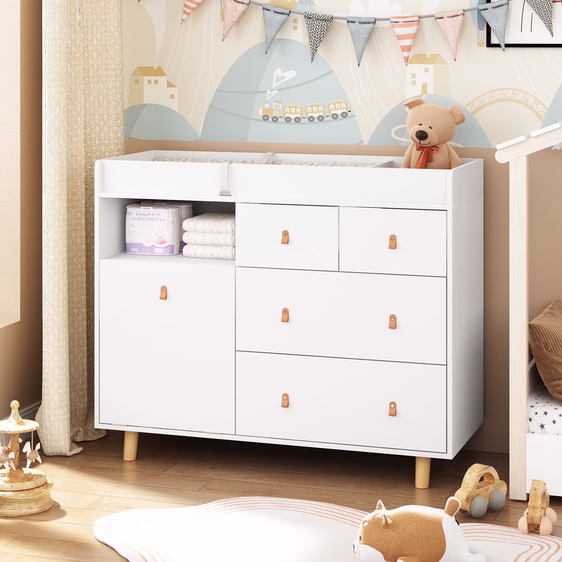 45" Baby Nursery Changing Table Dresser with 4 Drawers and Shelf for Nursery Room, White(45''White+4 Drawers)