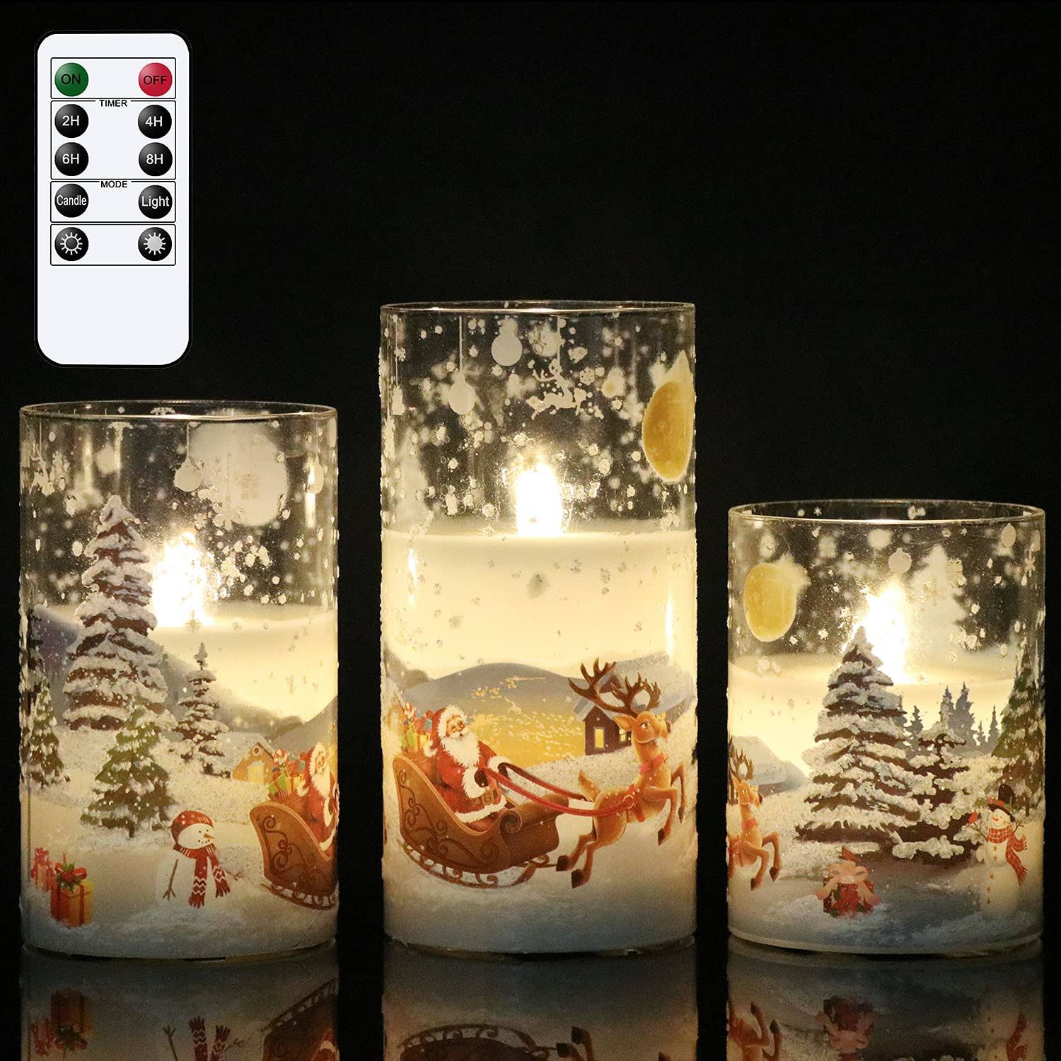 DRomance White Christmas Glass Flickering Flameless Candles Battery Operated with 10-Key Remote and Timer Set of 3 Real Wax Holiday LED Window Pillar