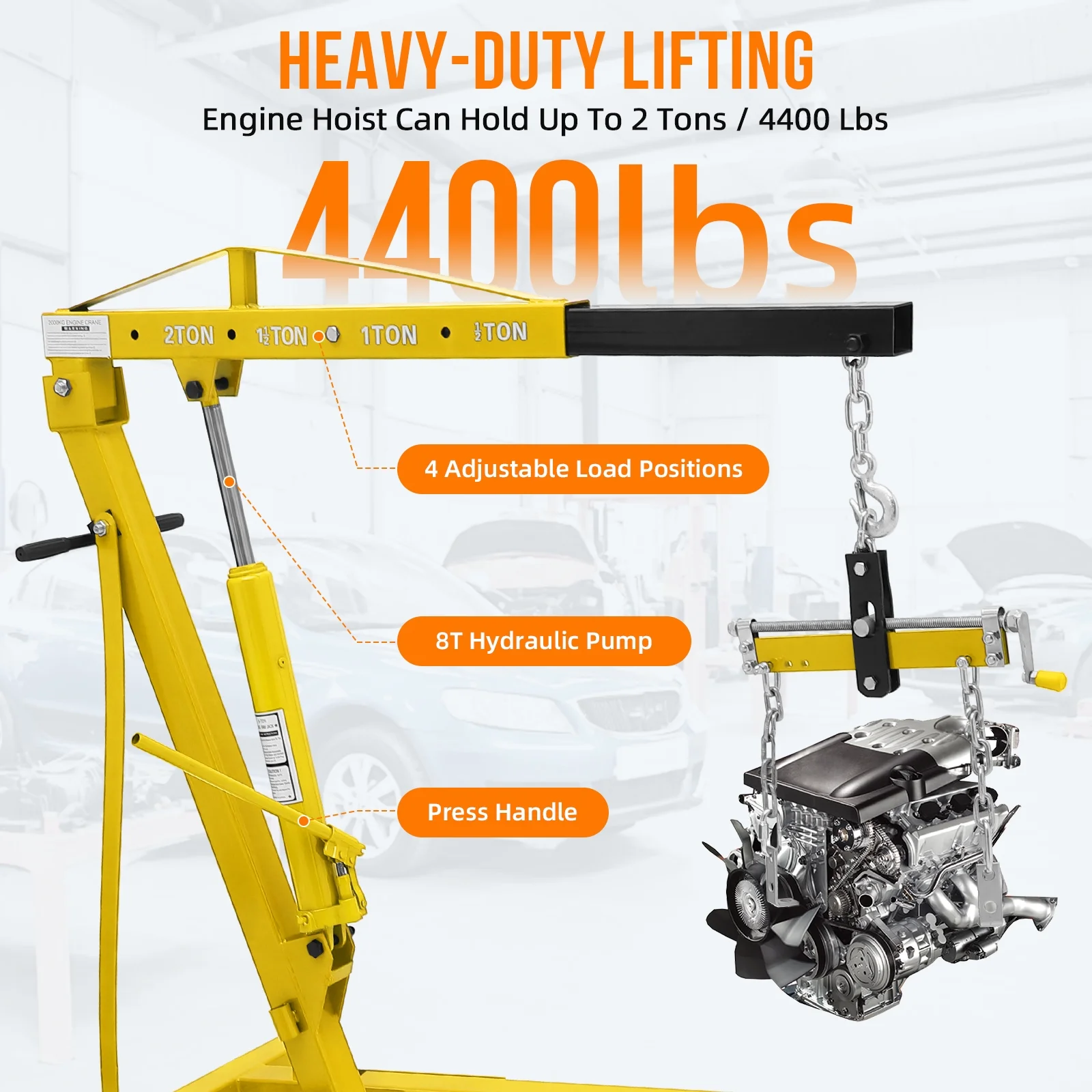Hydraulic Engine Hoist,4400lbs Max Weight,Folding Engine Lift Shop Crane with Lever and 6 Steel Caster Wheels,Yellow(yellow) - Image 2