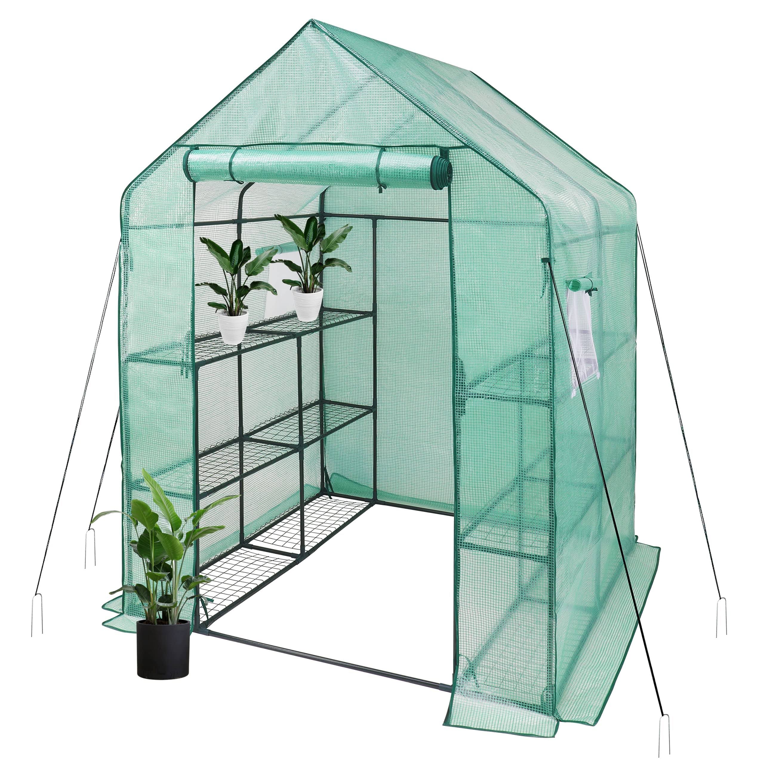 iPower Greenhouse with Screen Windows, 3 Tier 12 Shelves Portable Gardening Plant House, Plastic Portable Green House with Durable PE Cover,