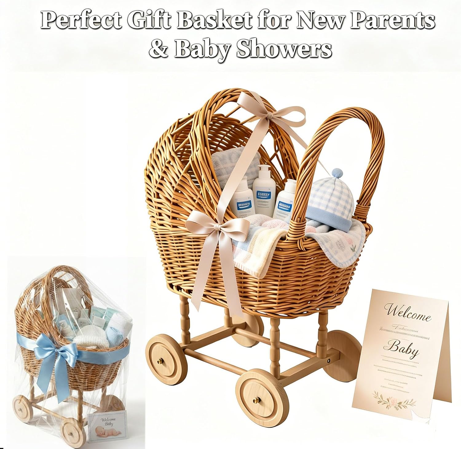 Vintage Woven Rattan Stroller-Shaped Flower Basket with Wheels