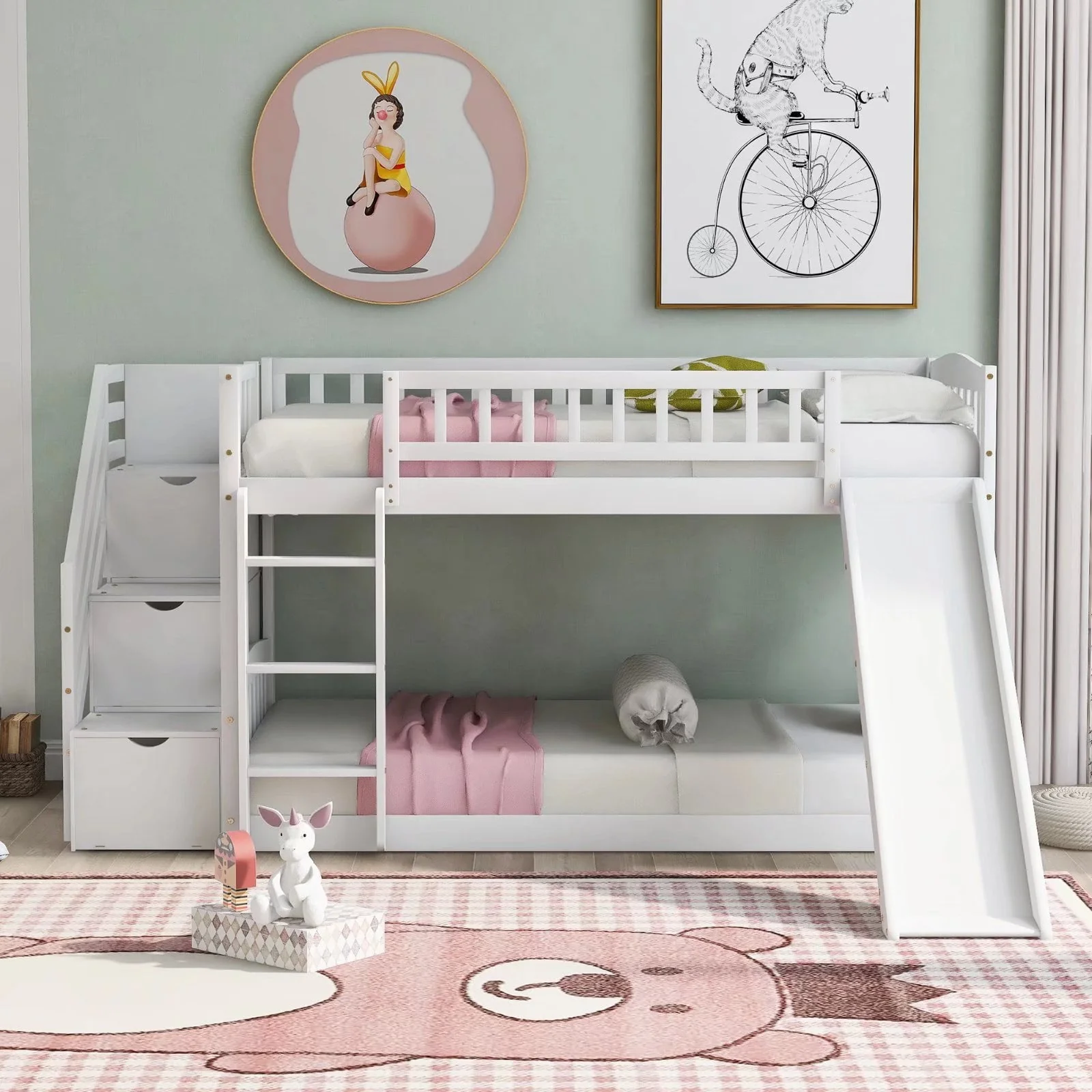 Stairway Bunk Beds Twin Over Twin, Wooden Bunk Bed Frame with Kids Slide and Storage Staircase, 2 - in - 1 Storage Beds Frame with Ladder and Safety Guardrails for Boys Girls Bedroom, White