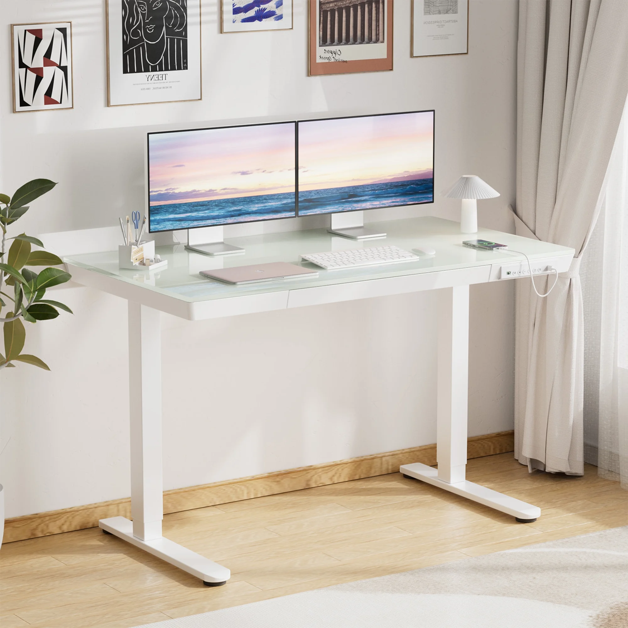 Glass Top Electric Standing Desk with Drawer, 48'' x 24'' Electric Height Adjustable Desk with USB Charging Ports, Sit Stand up for Home Office(48" x 24"/White Glass-top) - Image 2