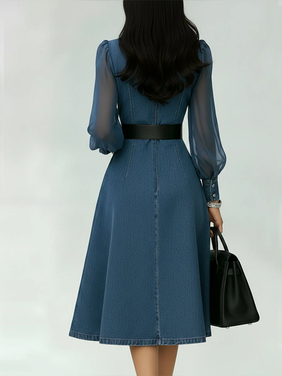 Robe en denim élégante avec panneaux de manches en organza transparent