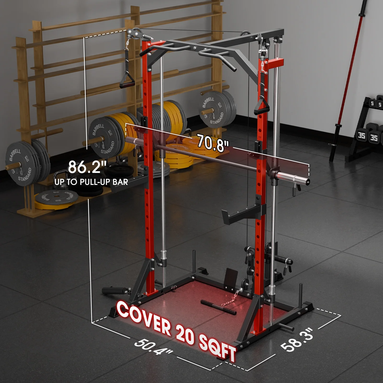Compact 7-IN-1 Smith Machine With Cable Crossover System, 1000LBS Multi-Functional Squat Rack, Workout Station with Weight Bar, Bend Peg and Other Functional Attachments(Smith Machine) - Image 4