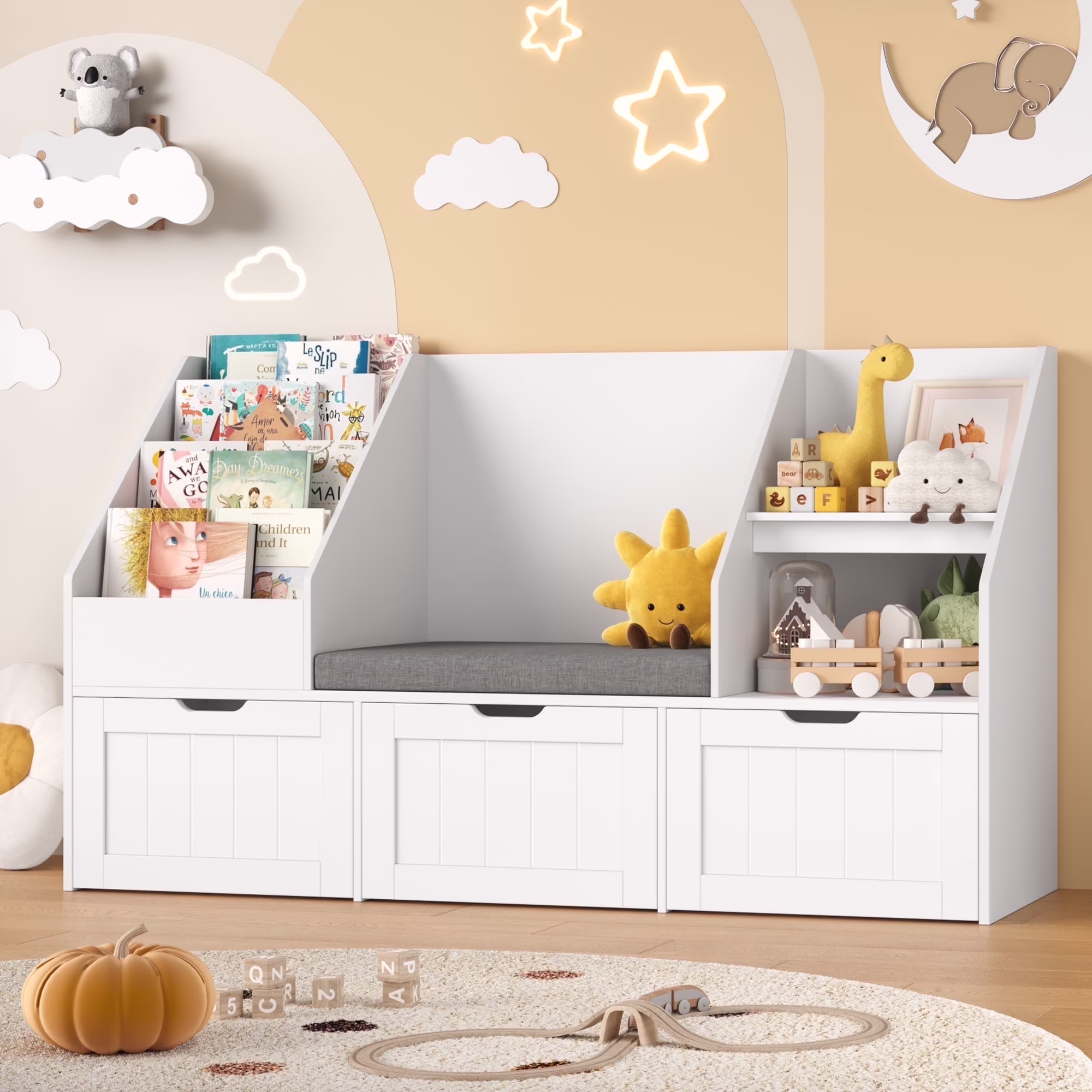 Kids Bookshelf with Reading Nook 3 Movable Drawers, 2 Cube Bookcase with 4-Tier Book Racks, Toy Storage Organizer for Playroom Bedroom, White(White)
