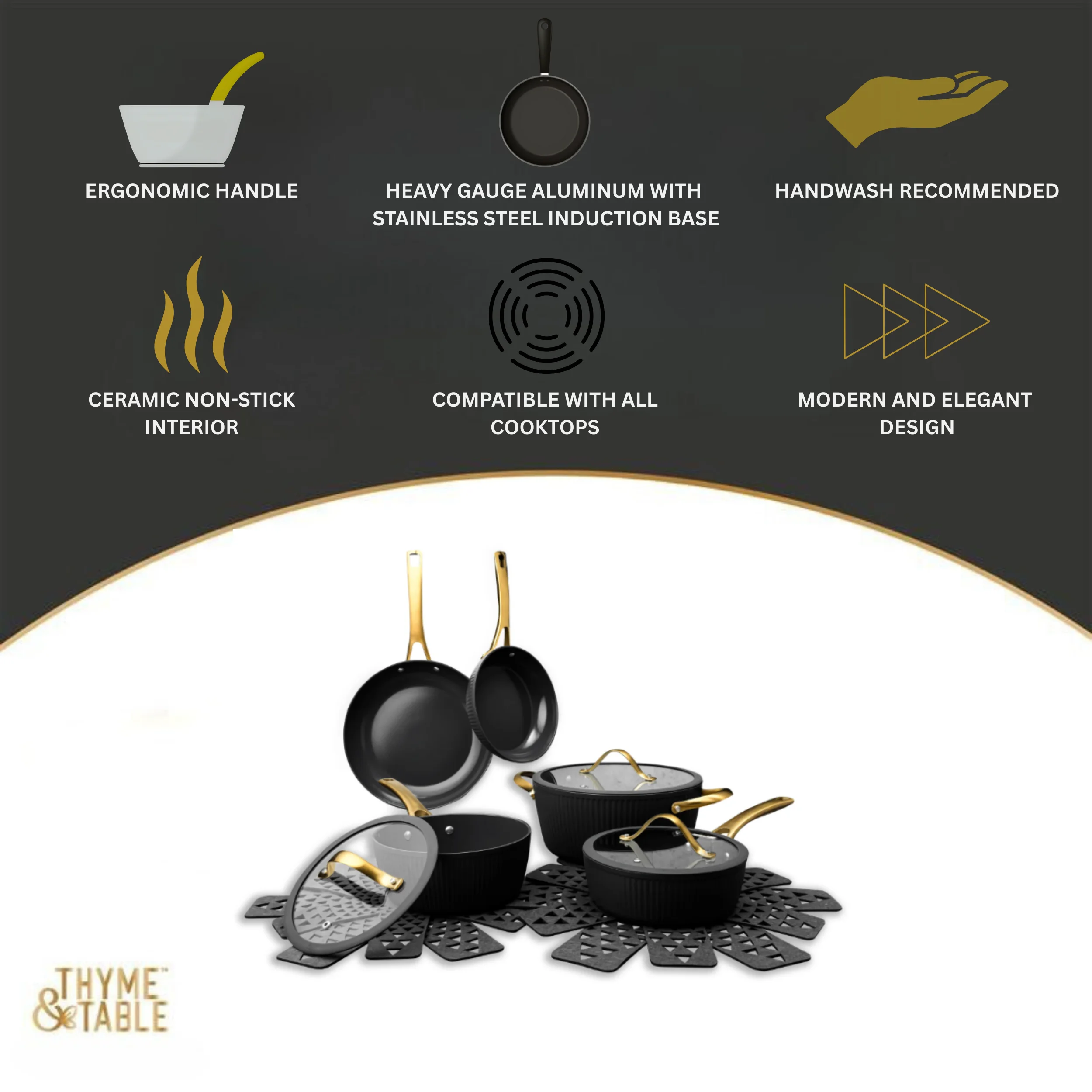 Thyme & Table 12 - Piece Nonstick Signature Ribbed Cookware Set, Pots and Pans Set - Black & Gold