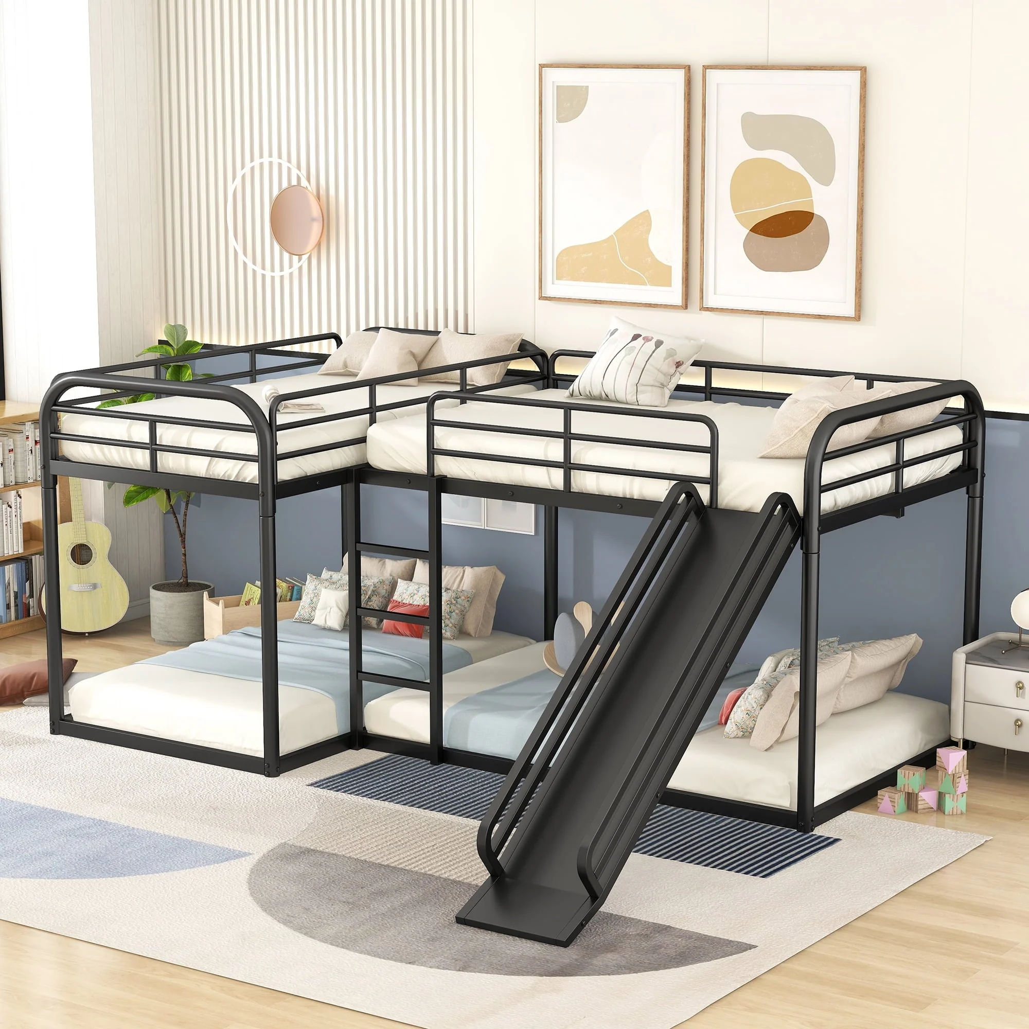 Full and Twin Size L Shaped Quadruple Metal Bunk Bed with Slide for Kids, Black